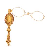ANTIQUE, YELLOW GOLD, RED ENAMEL AND DIAMOND LORGNETTE