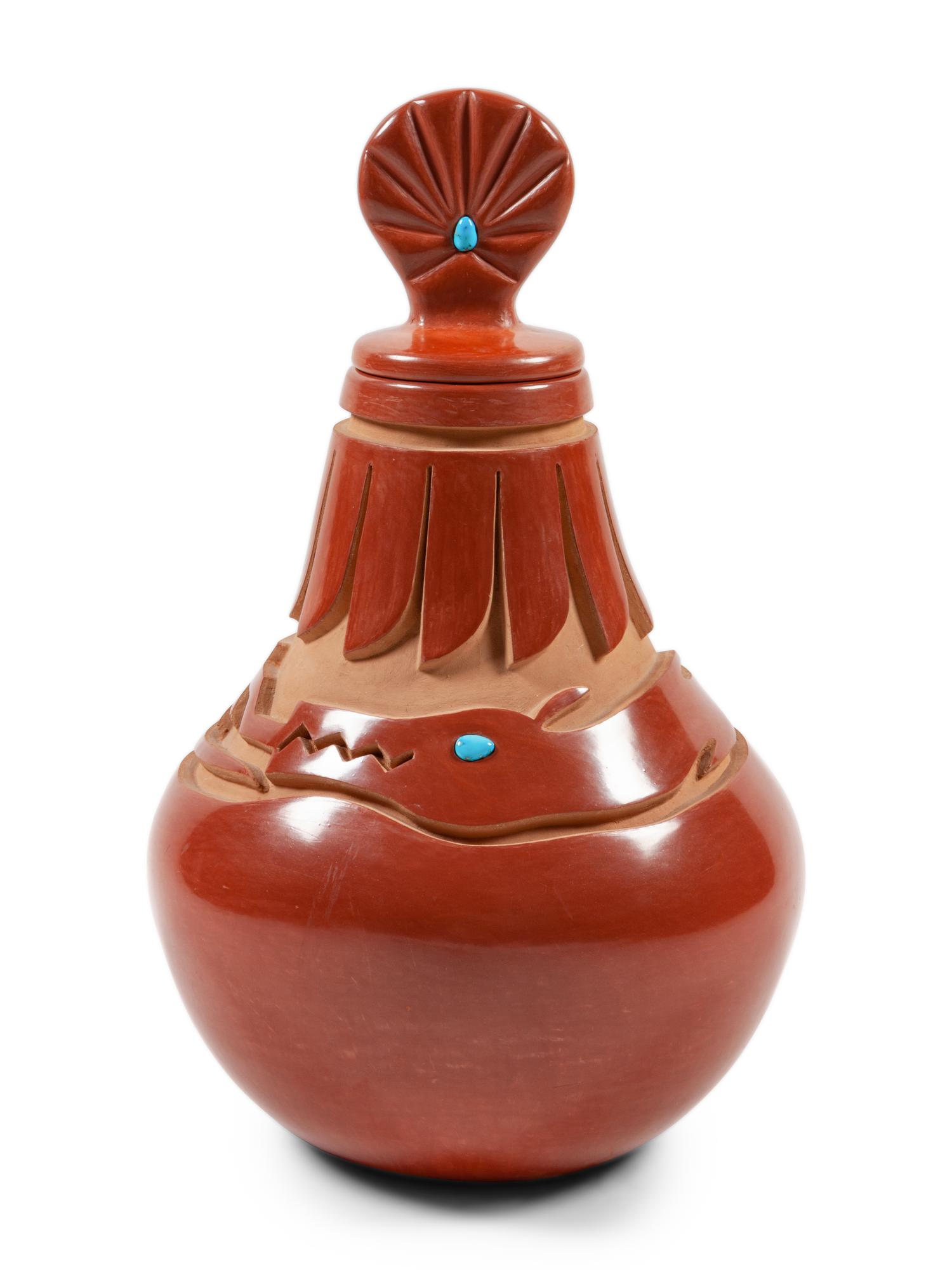 Carved Redware Jar with Lid and Turquoise