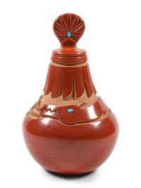 Carved Redware Jar with Lid and Turquoise
