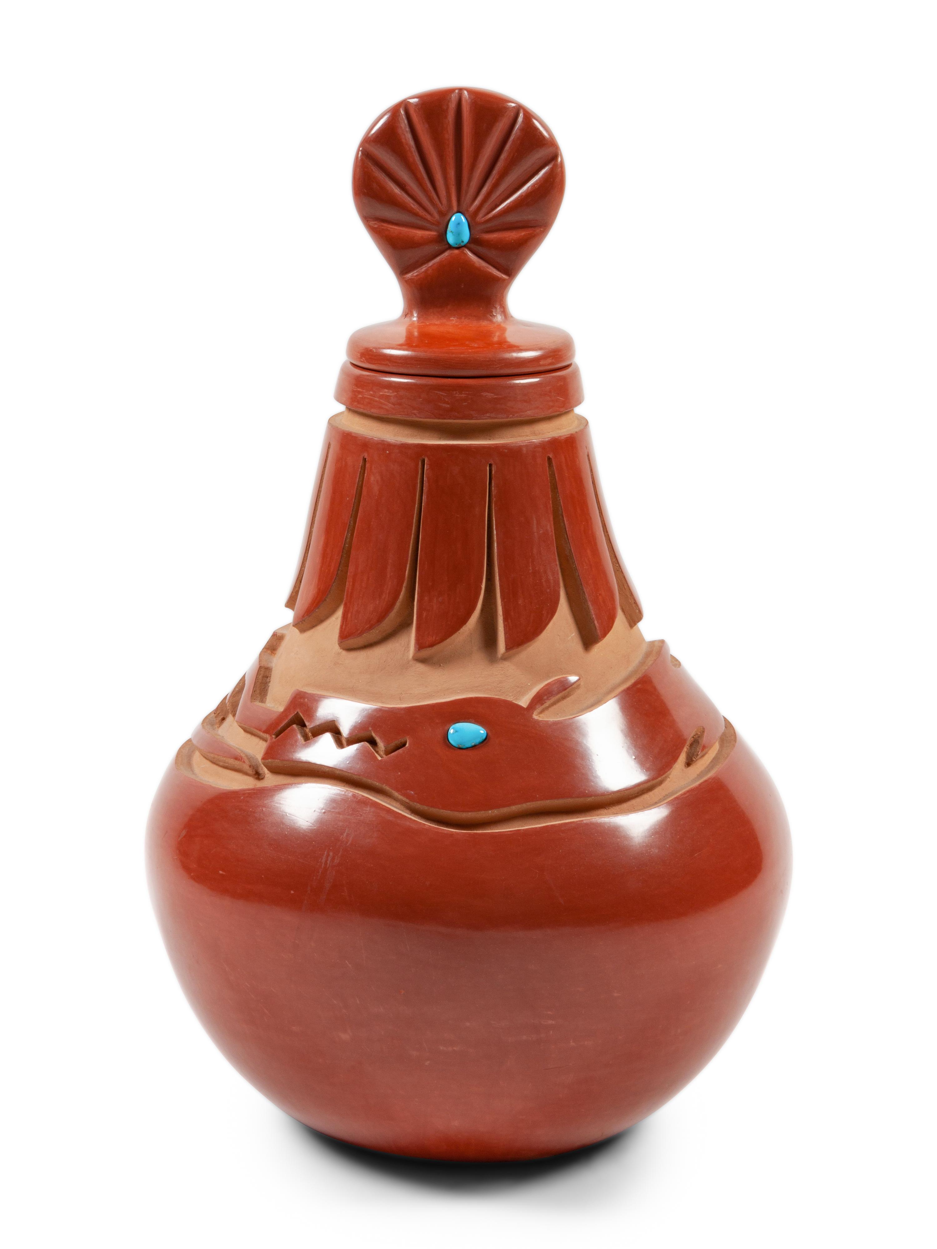 Carved Redware Jar with Lid and Turquoise