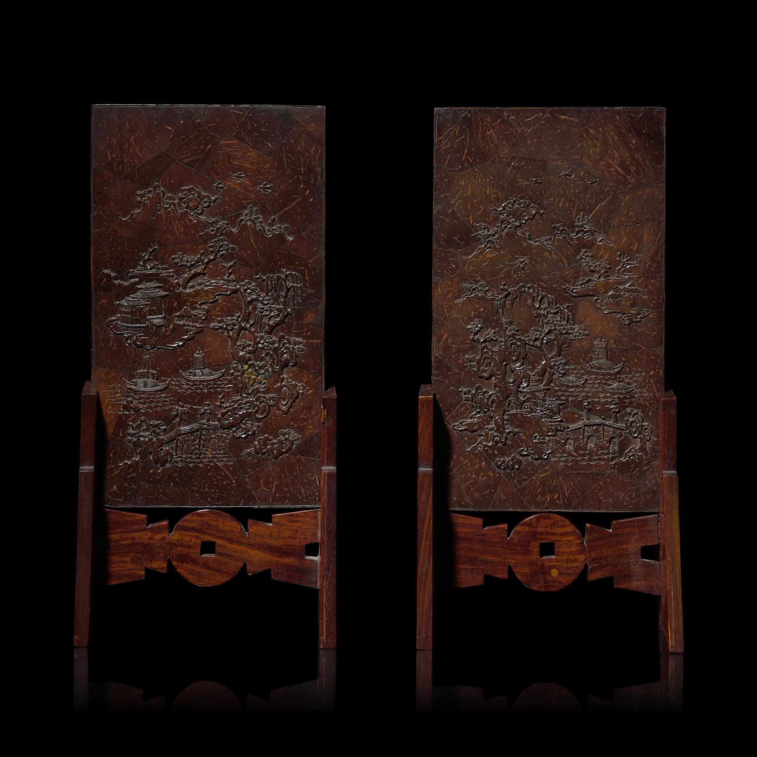 A Pair of Chinese Carved Coconut Veneered Table Screens 椰殼浮雕山水圖硯屏一對