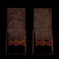 A Pair of Chinese Carved Coconut Veneered Table Screens 椰殼浮雕山水圖硯屏一對