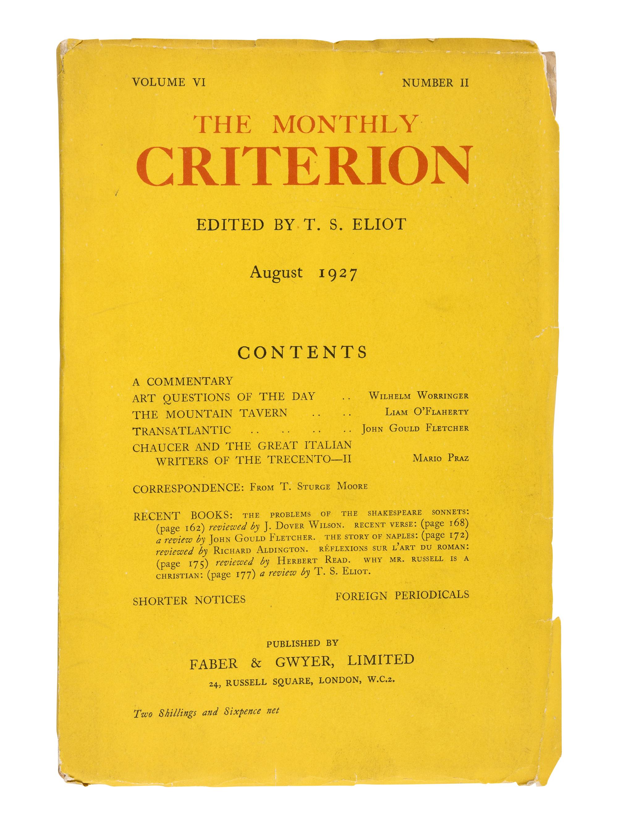 ELIOT, T.S., editor. The Criterion . London: R. Cobden Sanderson, Faber & Gwyer et al. October 1922-January 1939.