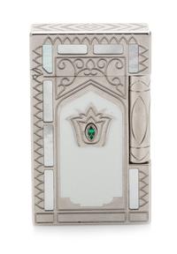 A French Platinum, Emerald and Mother-of-Pearl Inlaid Pocket Lighter, S.T. Dupont, Paris, Taj Mahal design with presentation box and do