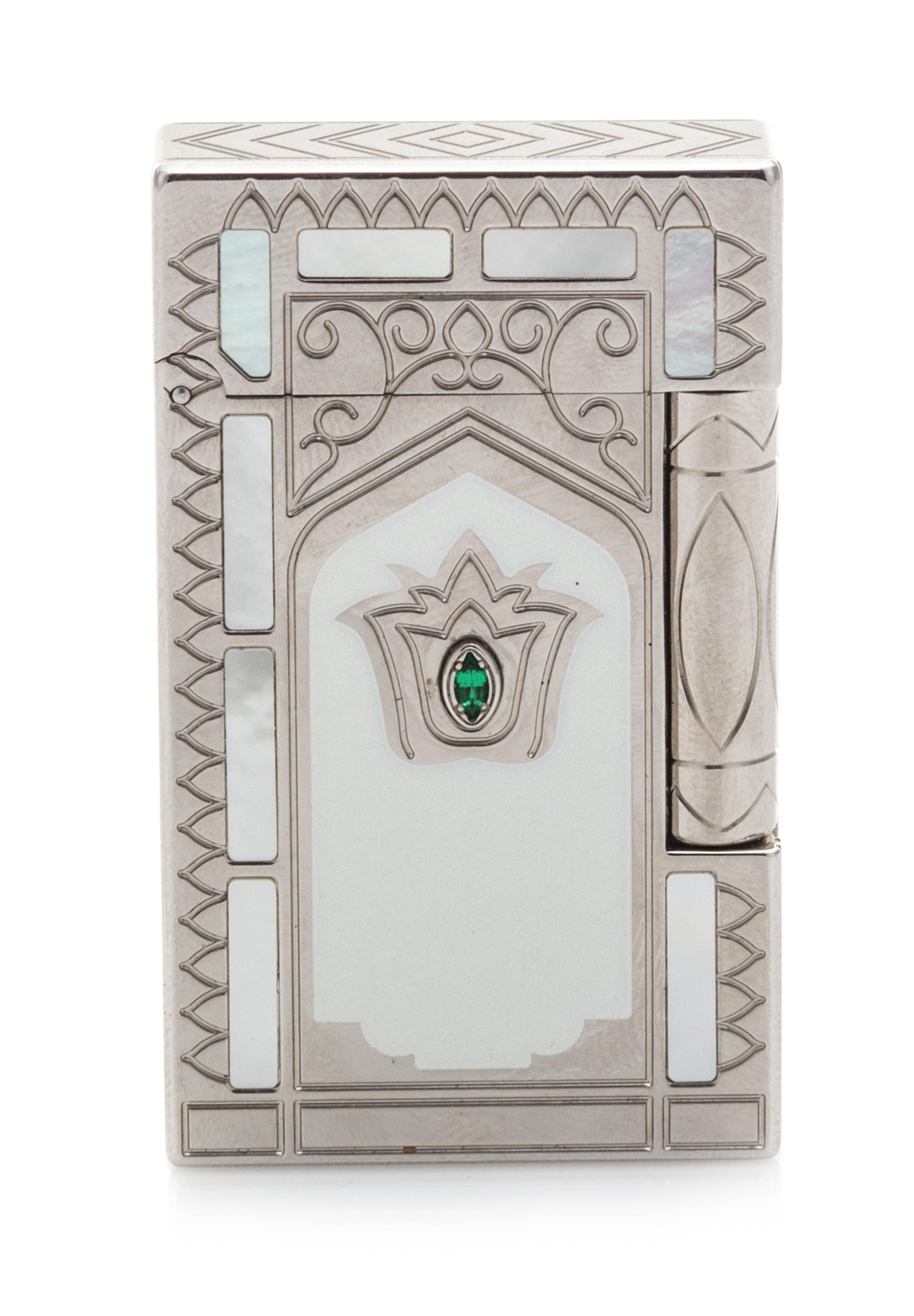 A French Platinum, Emerald and Mother-of-Pearl Inlaid Pocket Lighter, S.T. Dupont, Paris, Taj Mahal design with presentation box and do