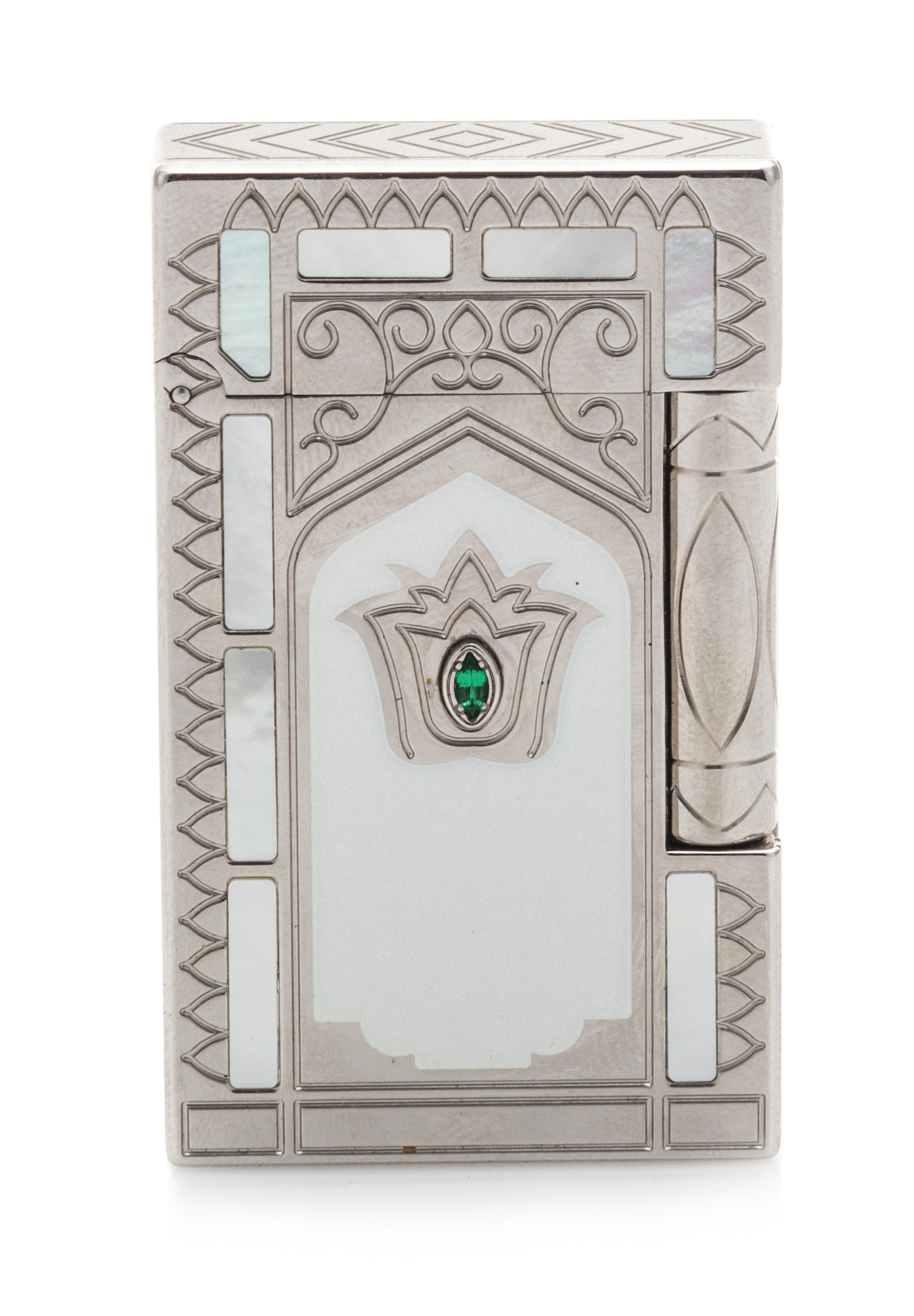 A French Platinum, Emerald and Mother-of-Pearl Inlaid Pocket Lighter, S.T. Dupont, Paris, Taj Mahal design with presentation box and do