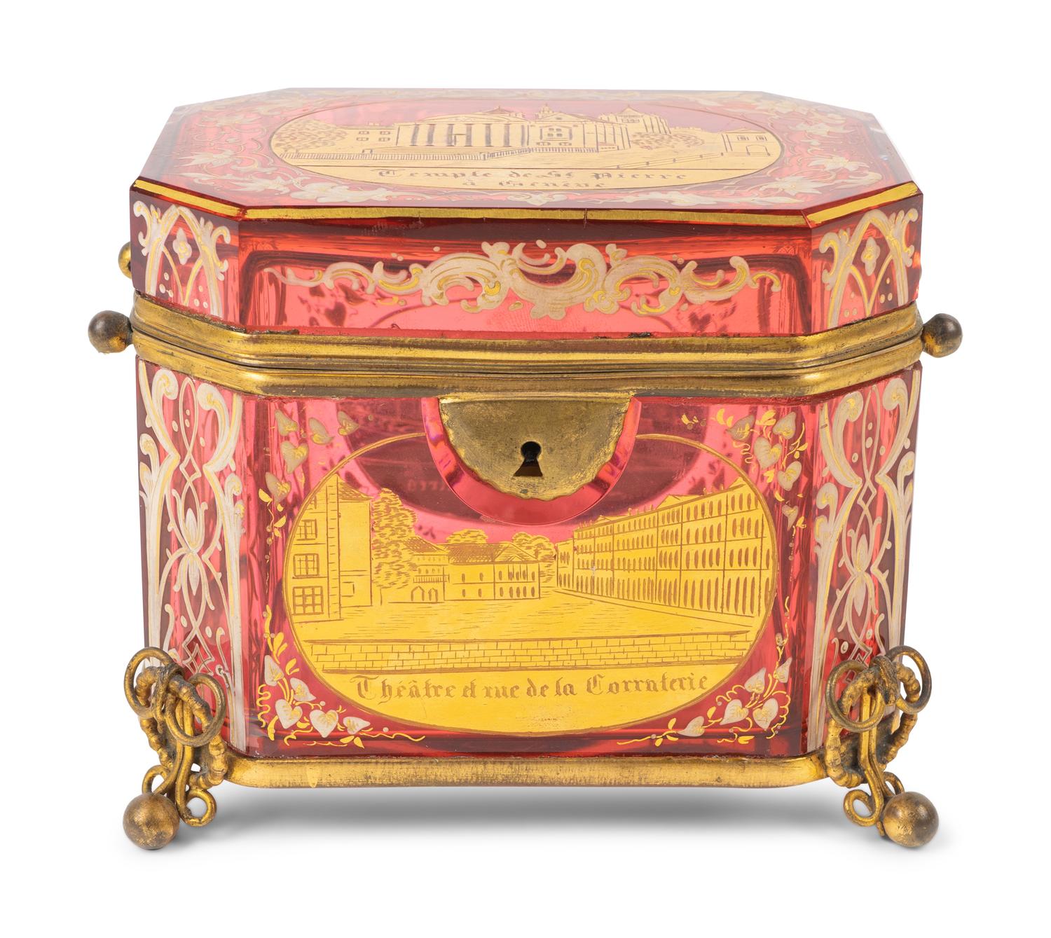 A Swiss Gilt-Decorated and Enameled Red-Flashed Glass Box — LATE 19TH/EARLY 20TH CENTURY