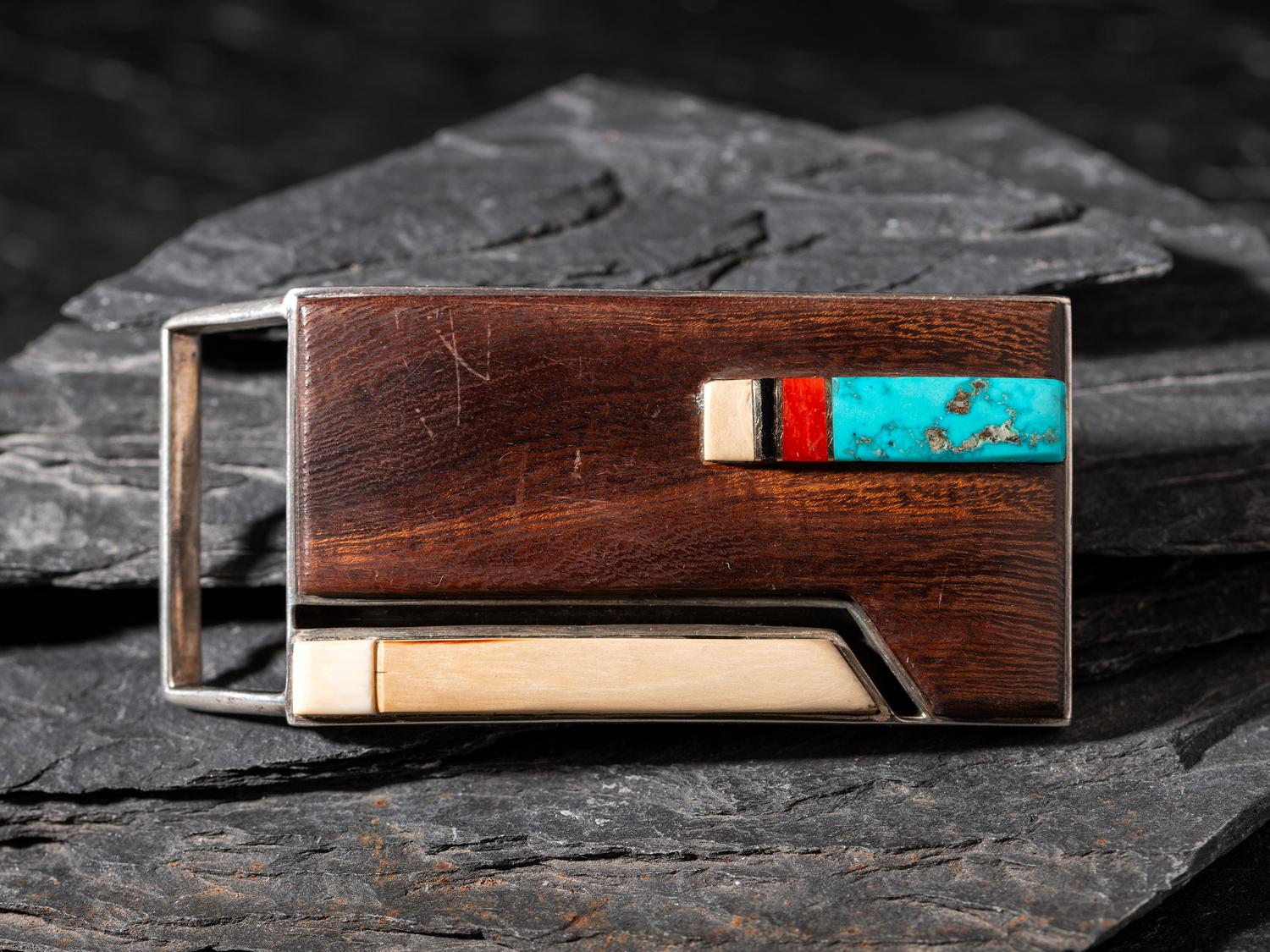 Sterling Silver and Mosaic Inlay Belt Buckle, with 14K Gold Spacers