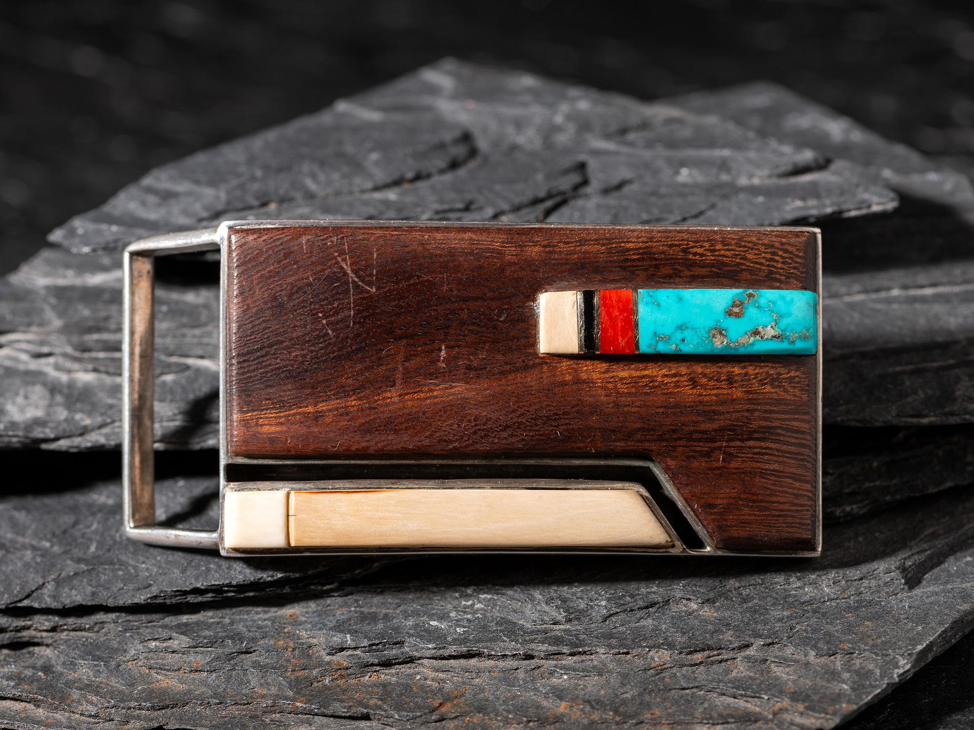 Sterling Silver and Mosaic Inlay Belt Buckle, with 14K Gold Spacers