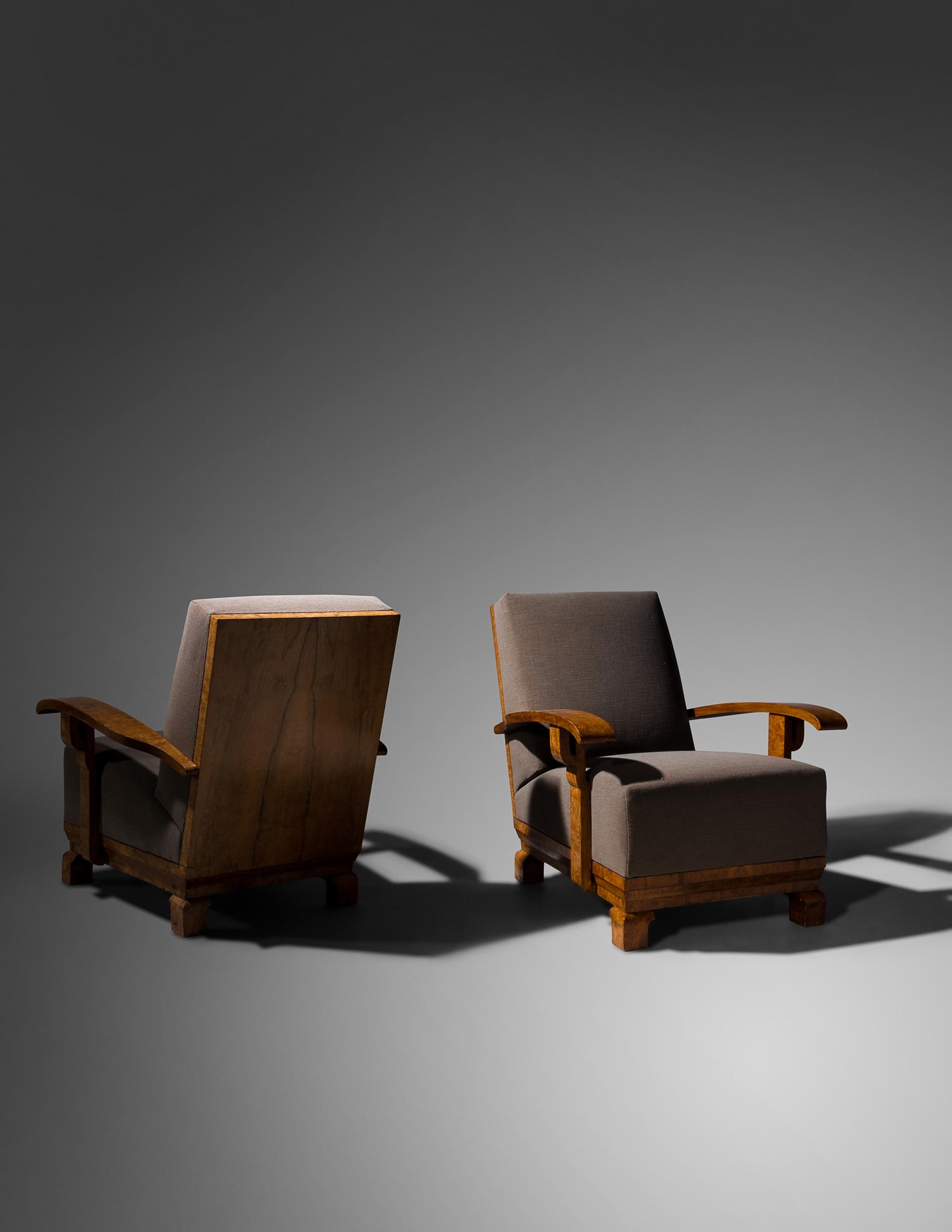 Pair of Art Deco High-Back Burl Walnut Lounge Chairs