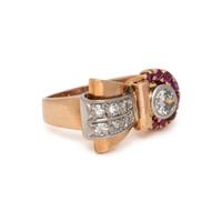 RETRO, ROSE GOLD, DIAMOND, AND RUBY BUCKLE RING