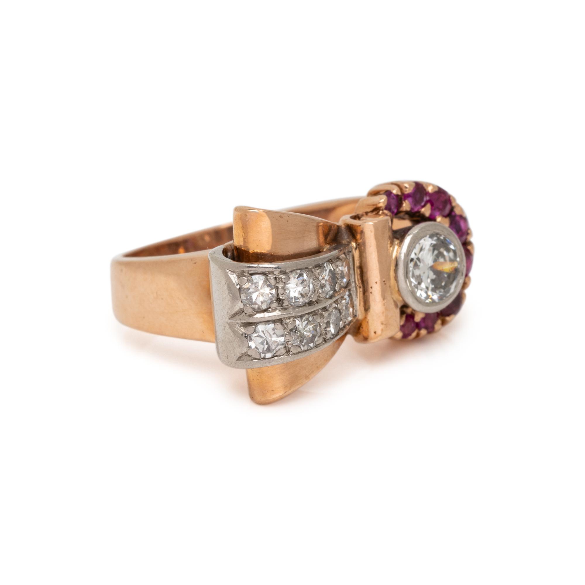 RETRO, ROSE GOLD, DIAMOND, AND RUBY BUCKLE RING