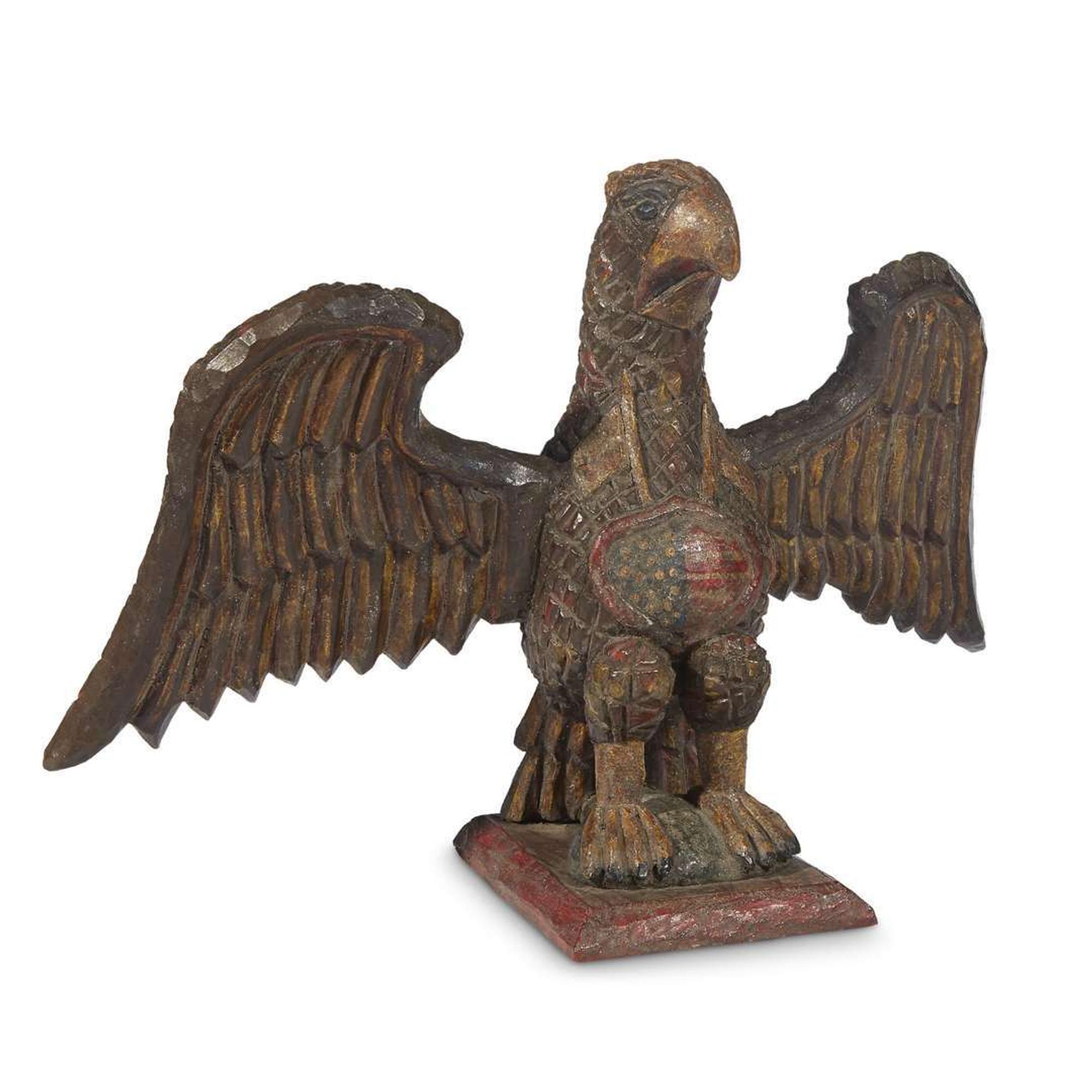 Carved and painted eagle with American flags and shield in the manner of Wilhelm Schimmel (1817-1890) Robert Stauffer, late 20th century