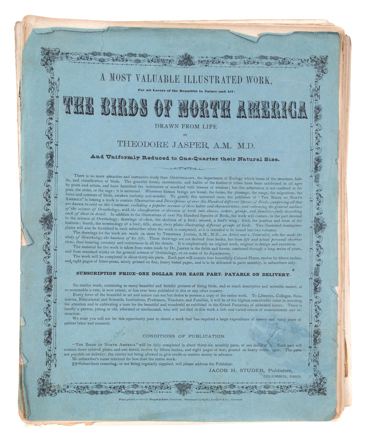 (STUDER, JACOB) JASPER, THEODORE. ..The Birds of North America. Columbus, [c. 1880] 56 color litho plates, disbound.