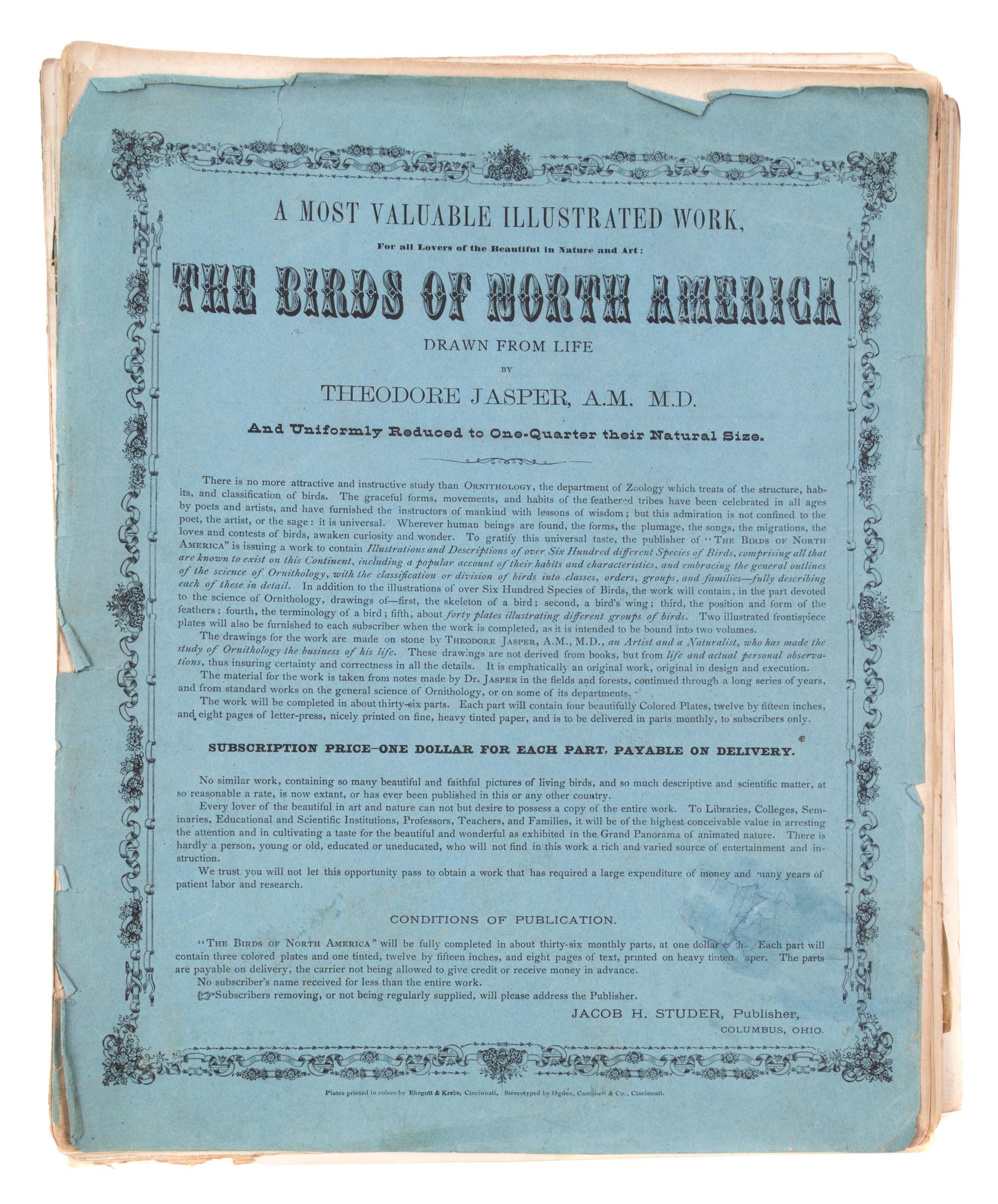 (STUDER, JACOB) JASPER, THEODORE. ..The Birds of North America. Columbus, [c. 1880] 56 color litho plates, disbound.