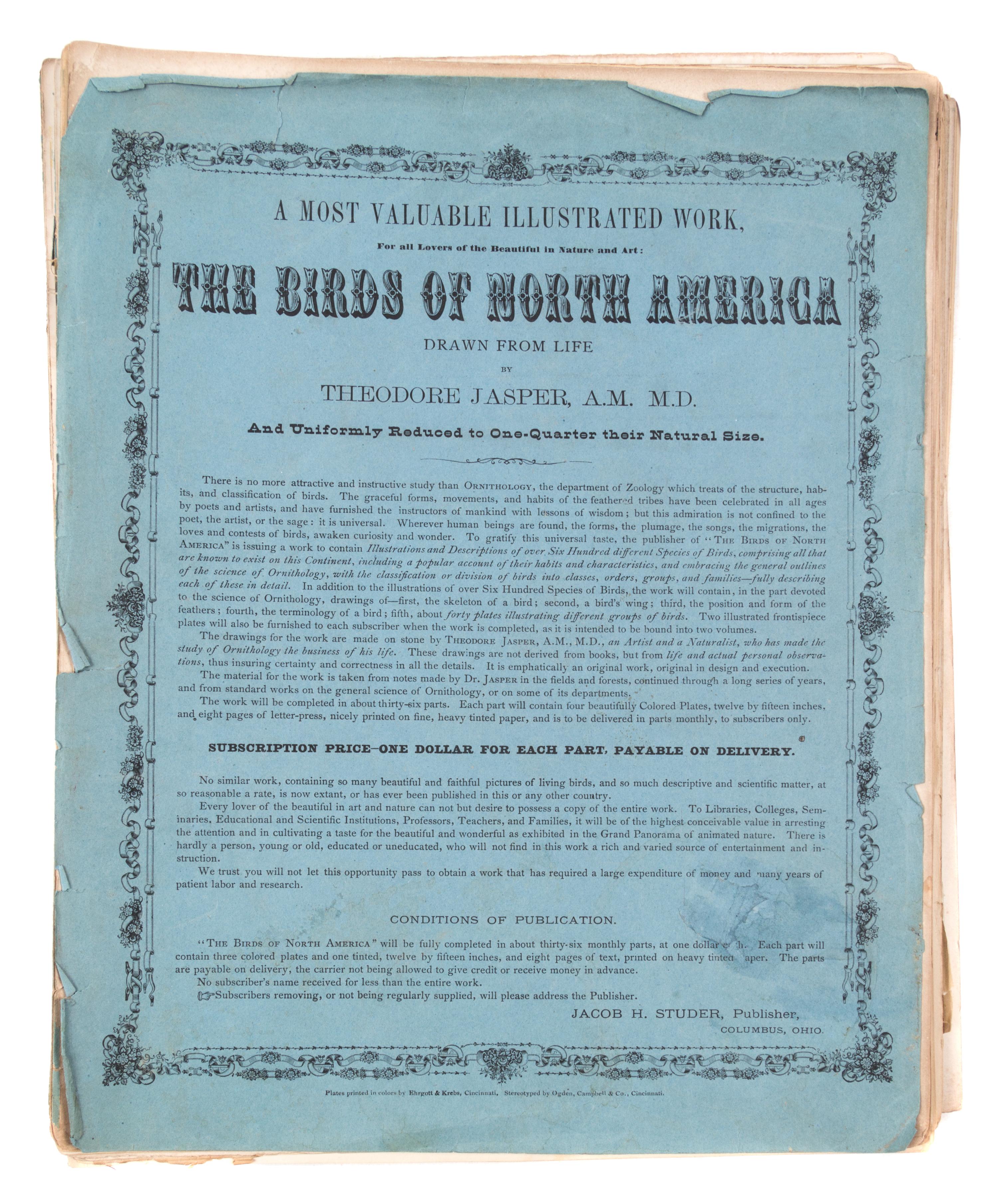 (STUDER, JACOB) JASPER, THEODORE. ..The Birds of North America. Columbus, [c. 1880] 56 color litho plates, disbound.