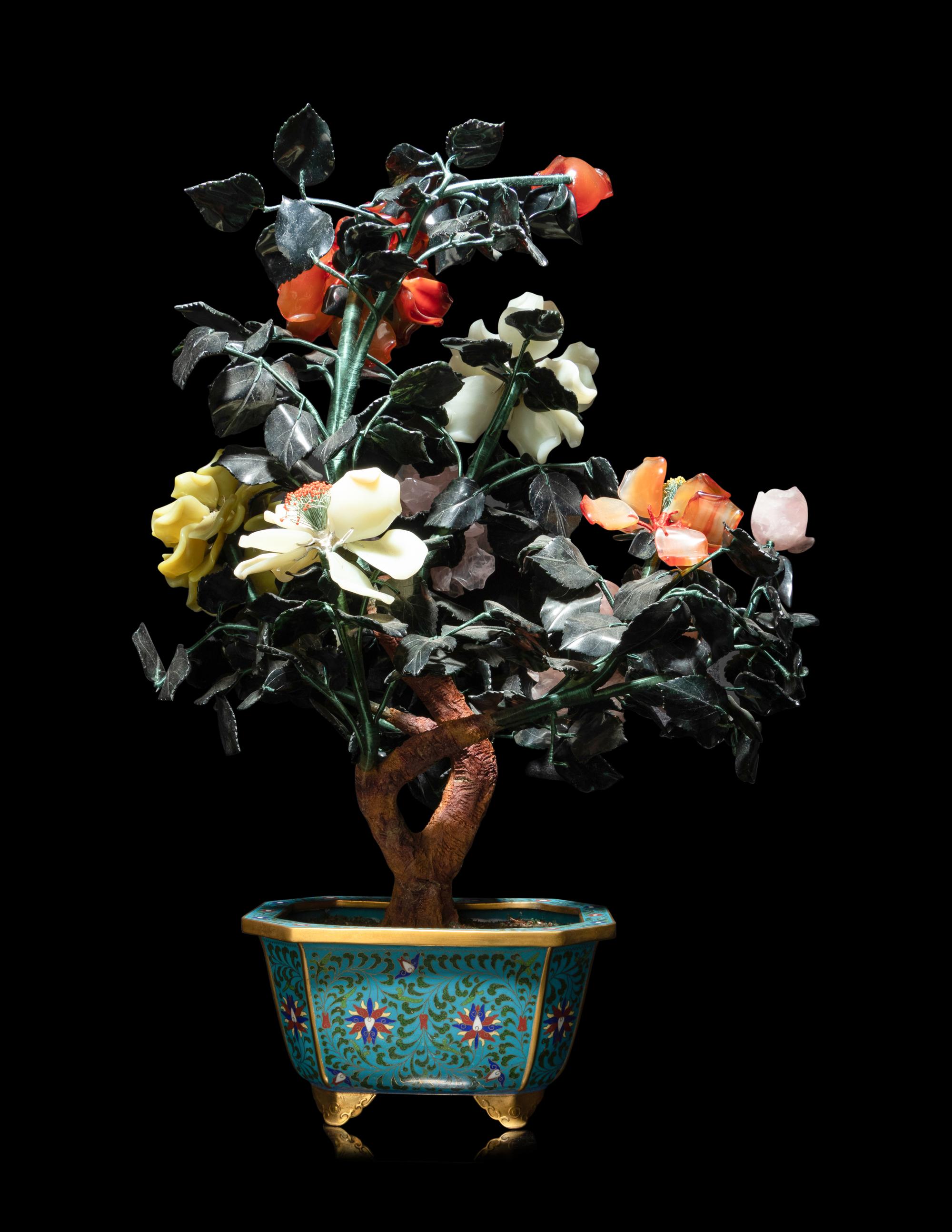 A Chinese Hardstone Peony Tree in A Cloisonné Enamel Jardinière