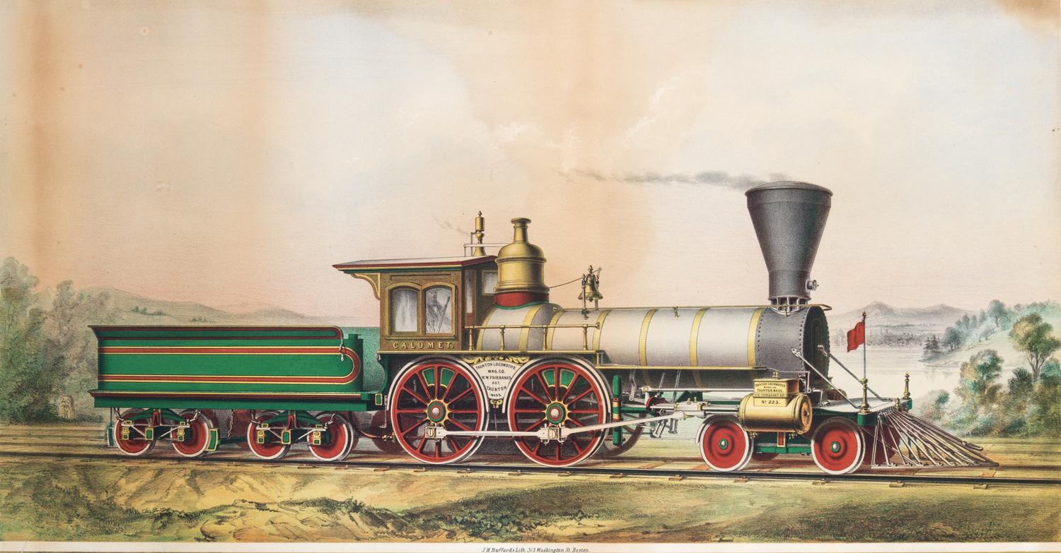 (RAILROAD) BUFFORD, J.H. Taunton Locomotive Mng. Co. Taunton, MA, n.d. [c. 1850] Lithograph with hand-coloring. Framed.