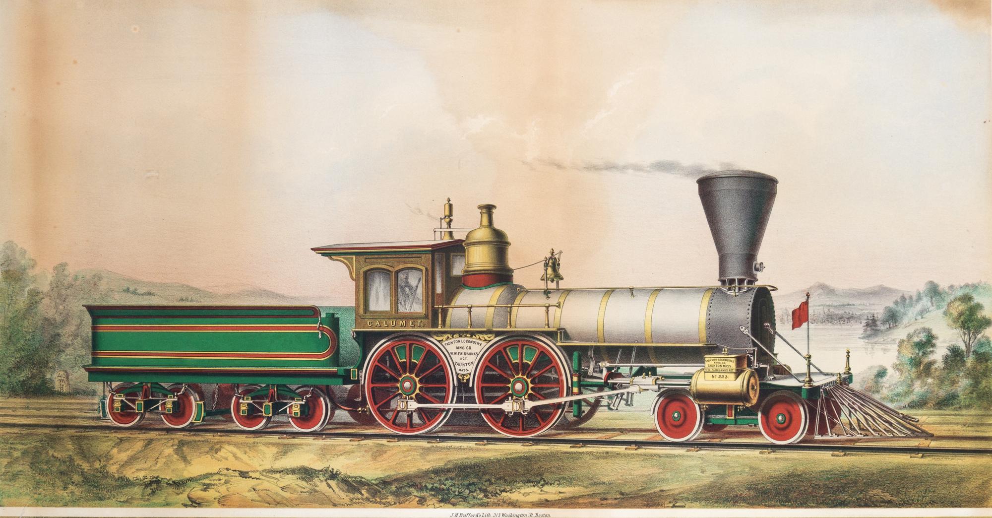 (RAILROAD) BUFFORD, J.H. Taunton Locomotive Mng. Co. Taunton, MA, n.d. [c. 1850] Lithograph with hand-coloring. Framed.
