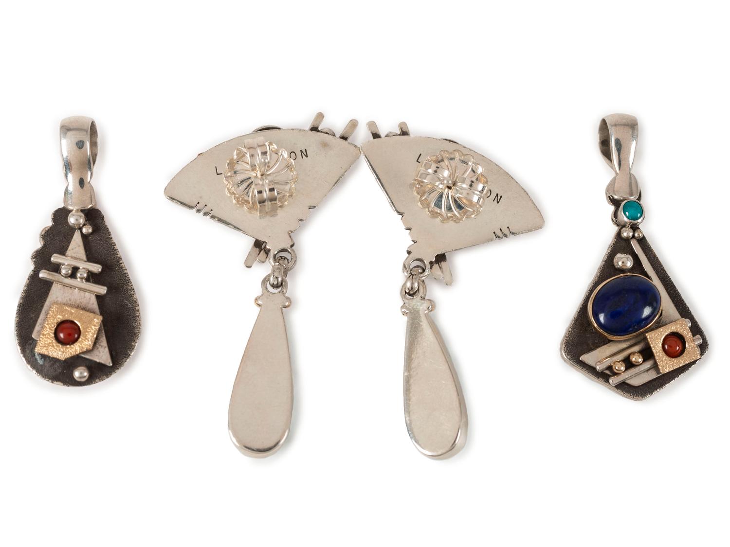 Silver Post Earrings and Pendant with 14K Gold Accents and set with Turquoise, Coral, and Lapis
