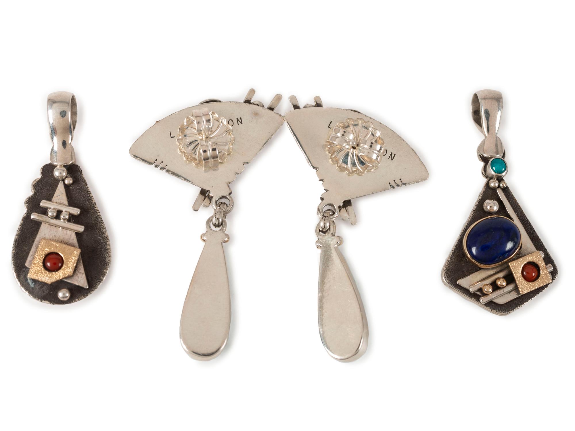 Silver Post Earrings and Pendant with 14K Gold Accents and set with Turquoise, Coral, and Lapis