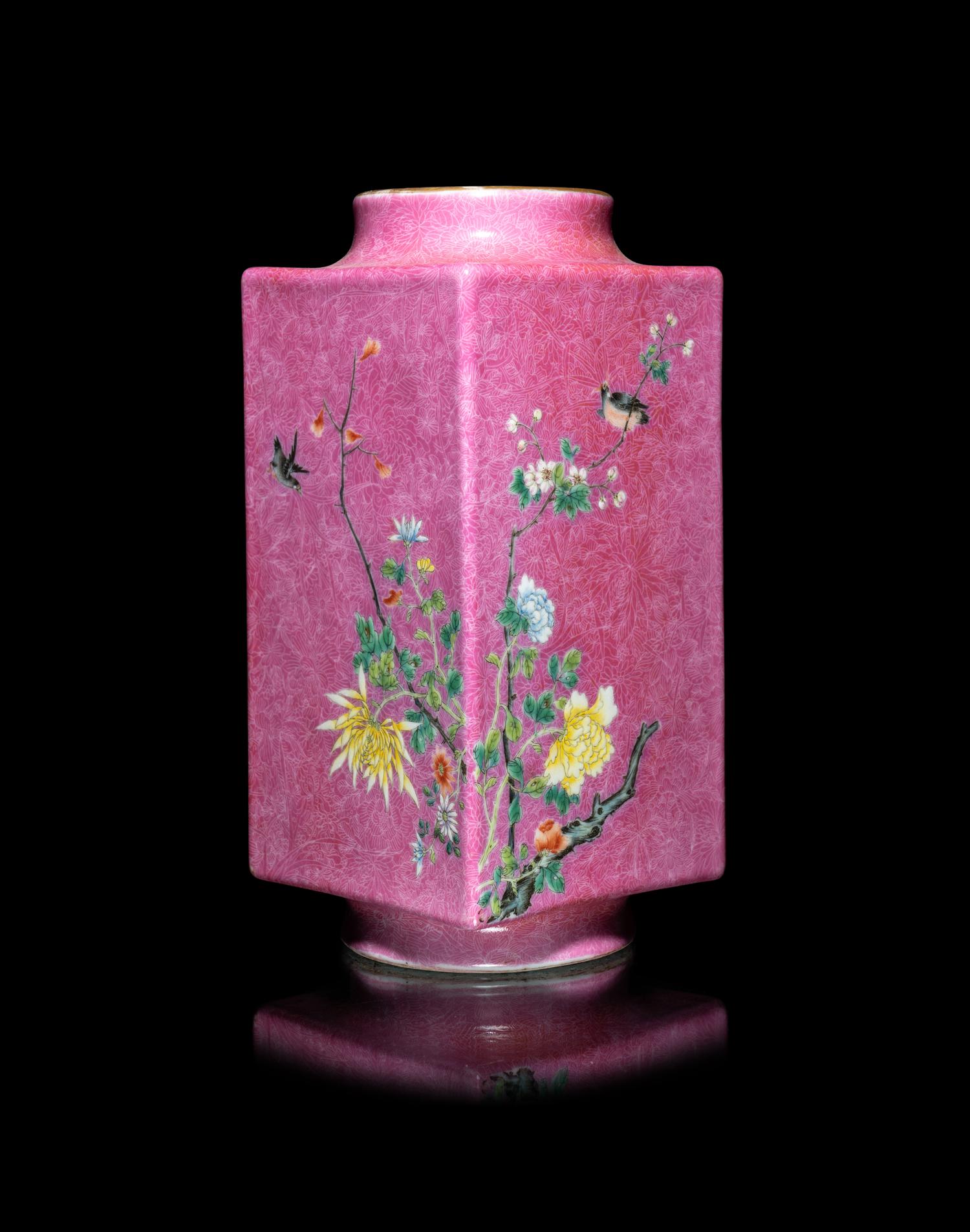 A Chinese Pink Glazed Sgraffito Ground Famille Rose Porcelain Cong Vase