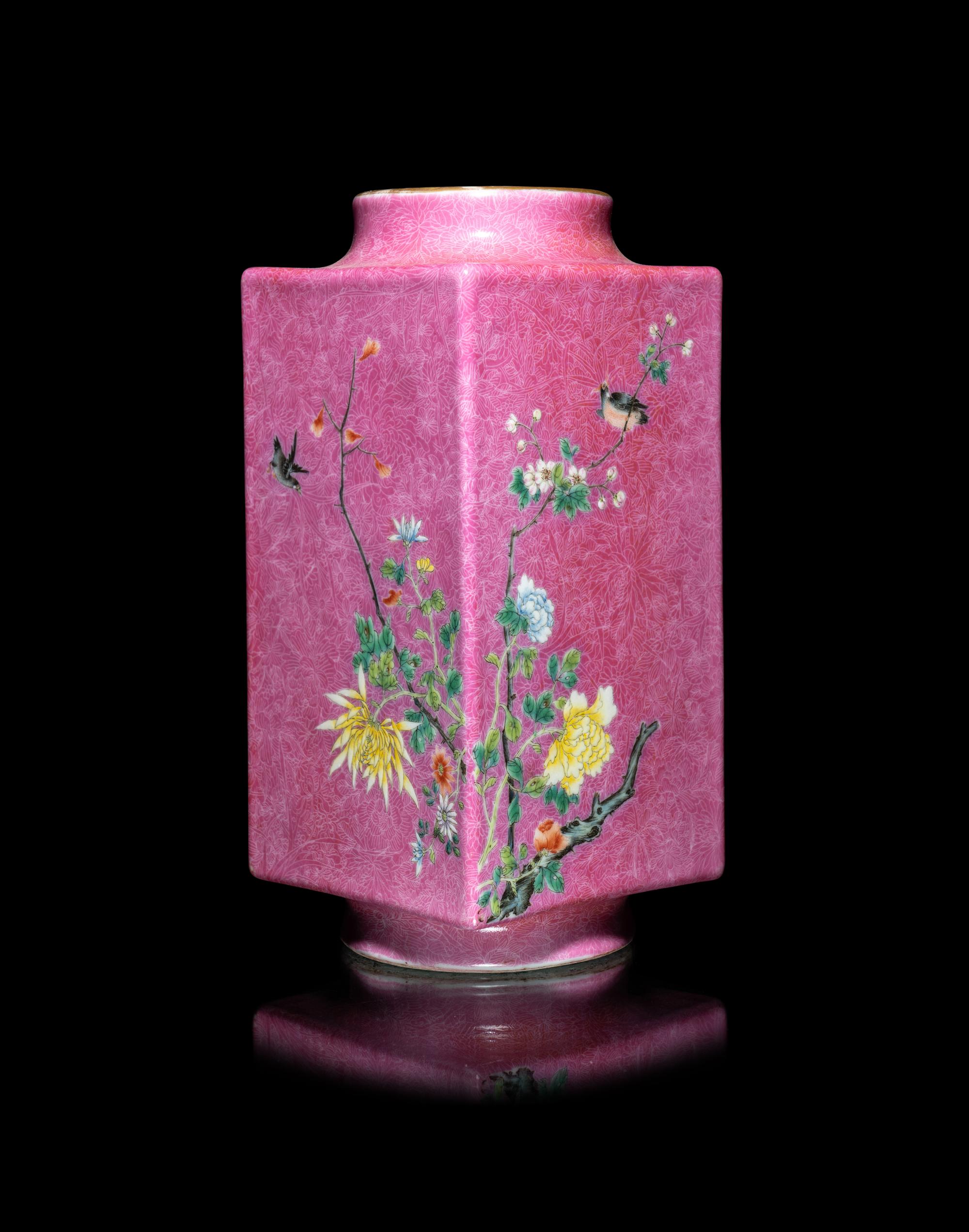 A Chinese Pink Glazed Sgraffito Ground Famille Rose Porcelain Cong Vase