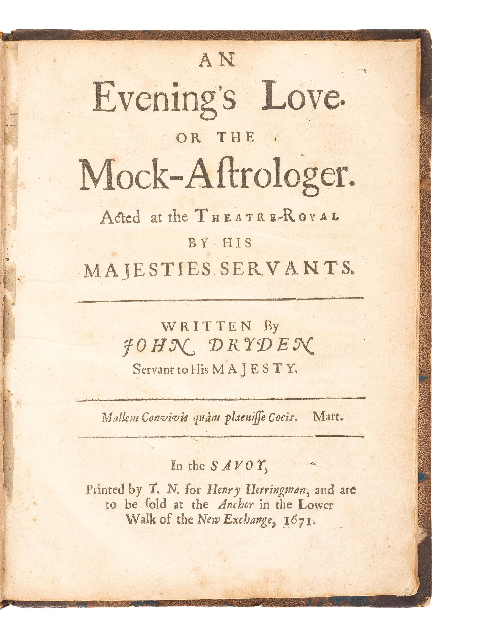 16th & 17th Century Americana [MORRIS, Gouverneur, his copy]. DRYDEN, John. An Evening's Love. Or the Mock-Astrologer . Savoy: T. N. for Henry Herringman, 1671. With the bookplate of Gouverneur Morris.