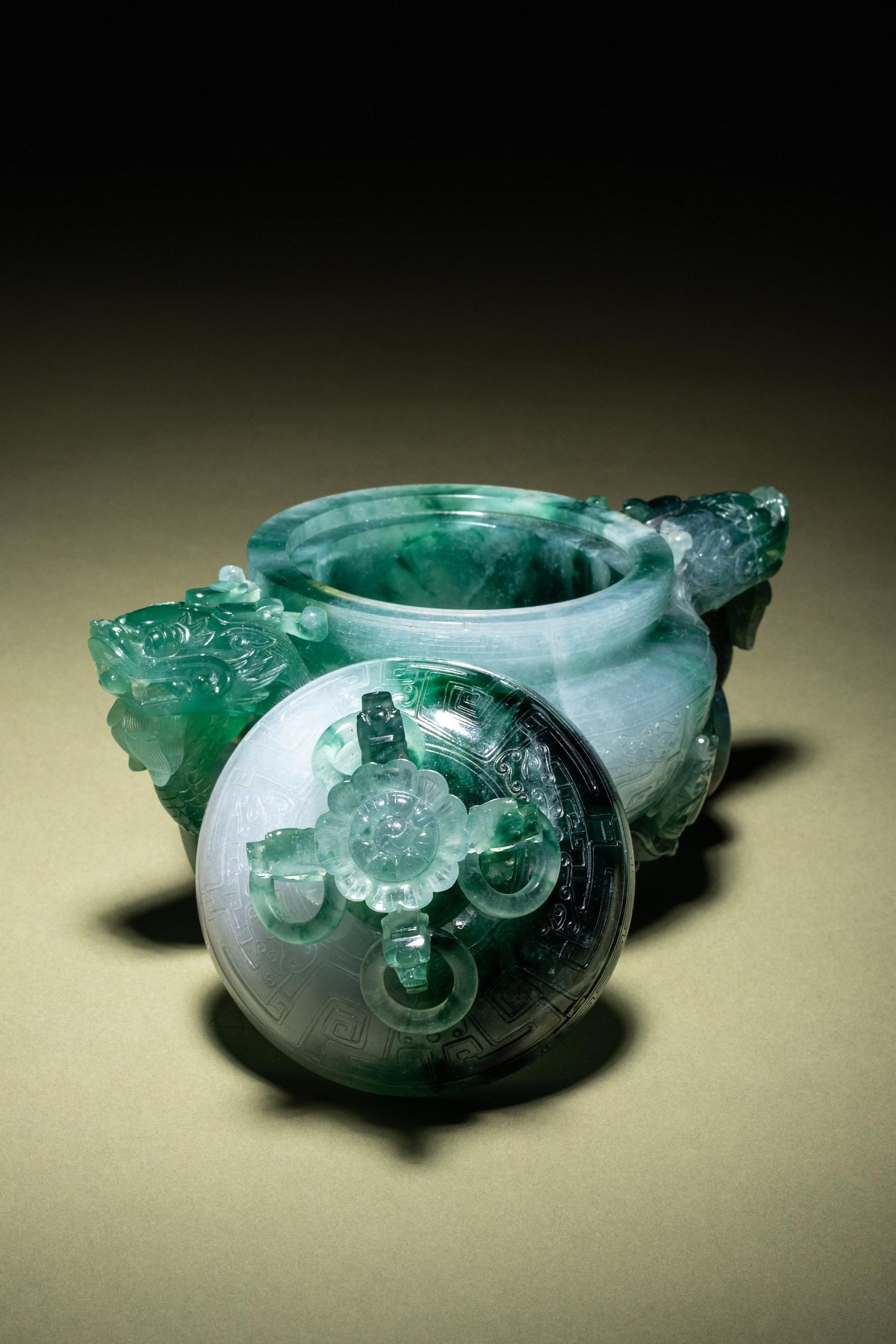 A Fine Semi-Translucent Green Jadeite Censer and Cover
