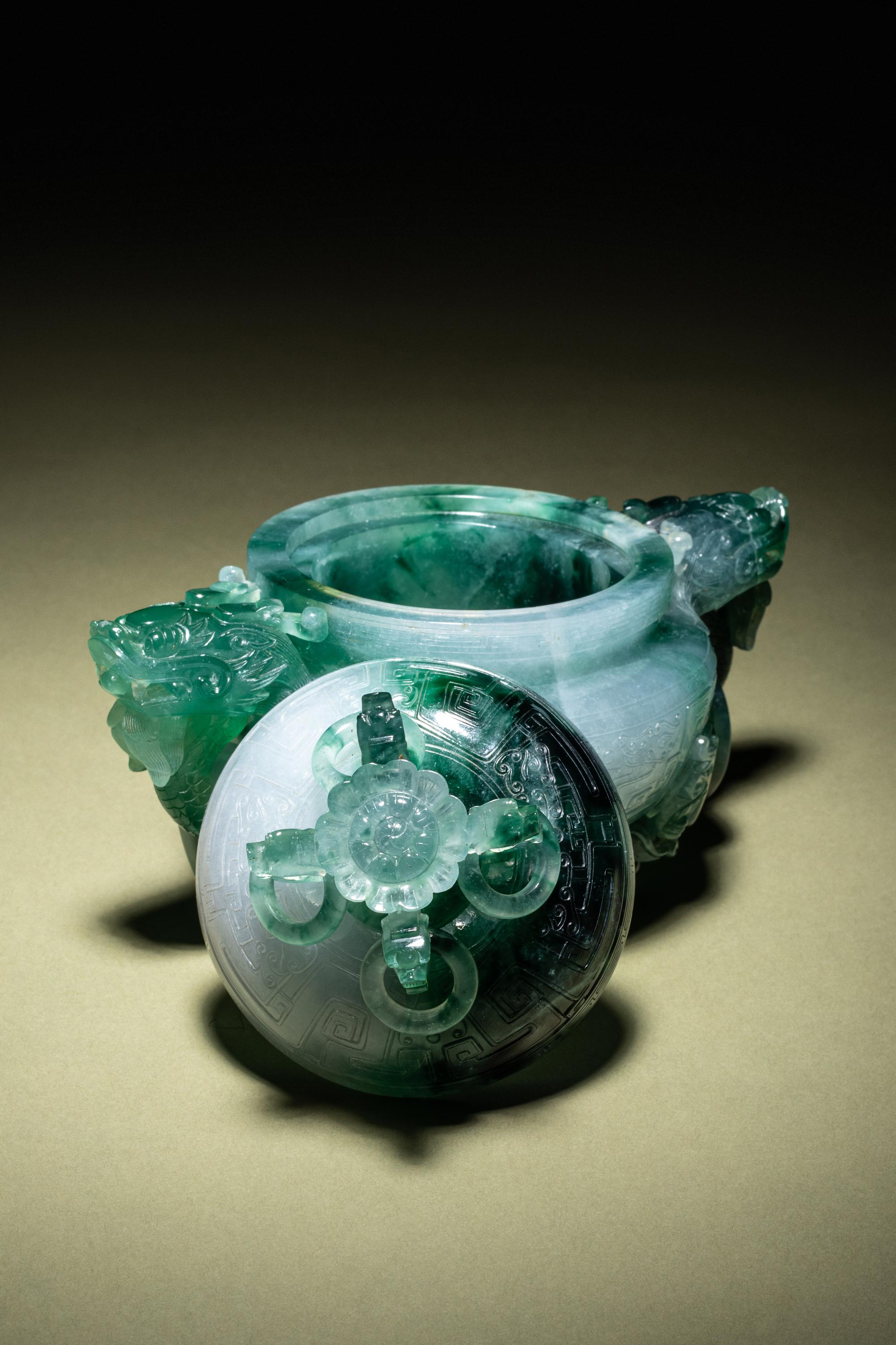 A Fine Semi-Translucent Green Jadeite Censer and Cover