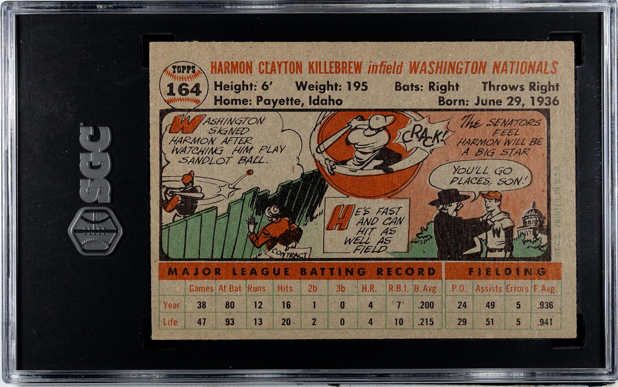 A 1956 Topps Harmon Killebrew Gray Back Baseball Card No. 164 (SGC 6 EX/NM)