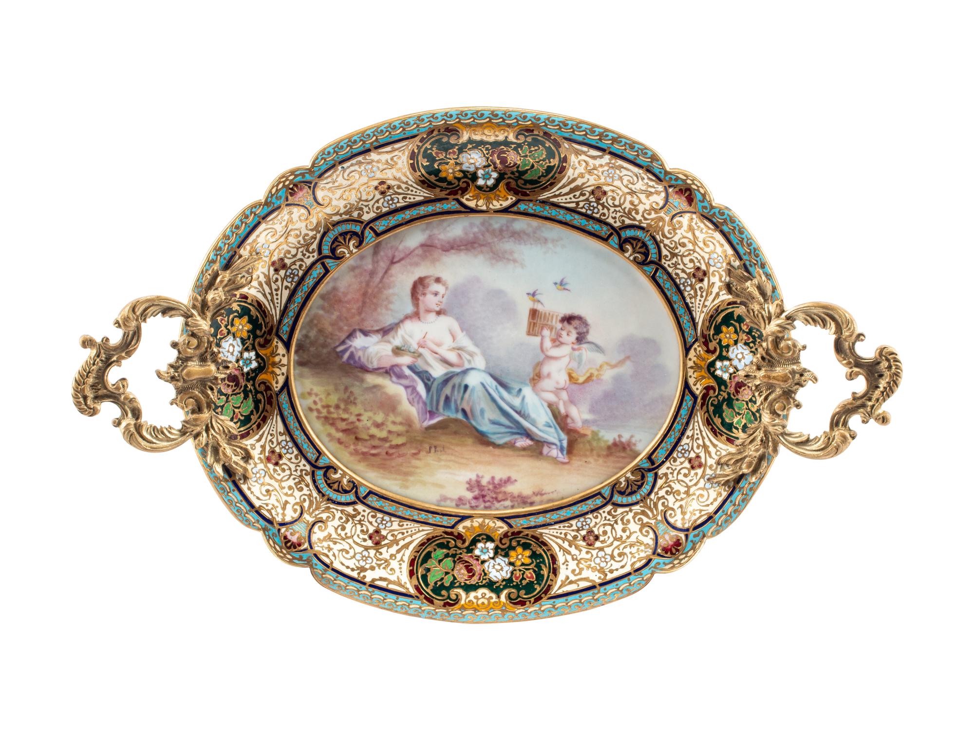 A French Painted Porcelain-Inset Gilt Bronze and Champlevé Tray