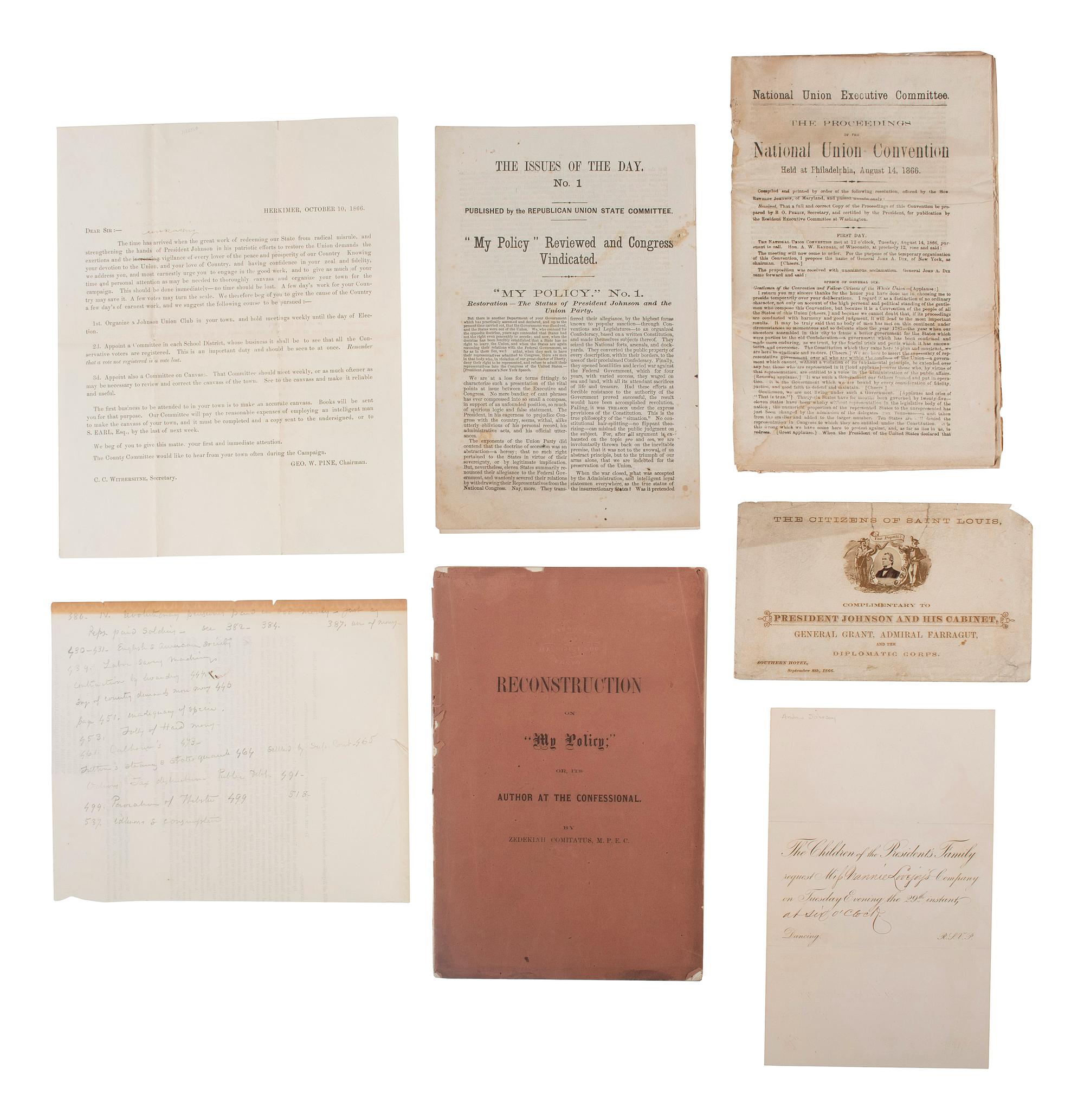 JOHNSON, Andrew (1808-1875). A group of pamphlets and ephemera related to the presidency and impeachment of Andrew Johnson, comprising: