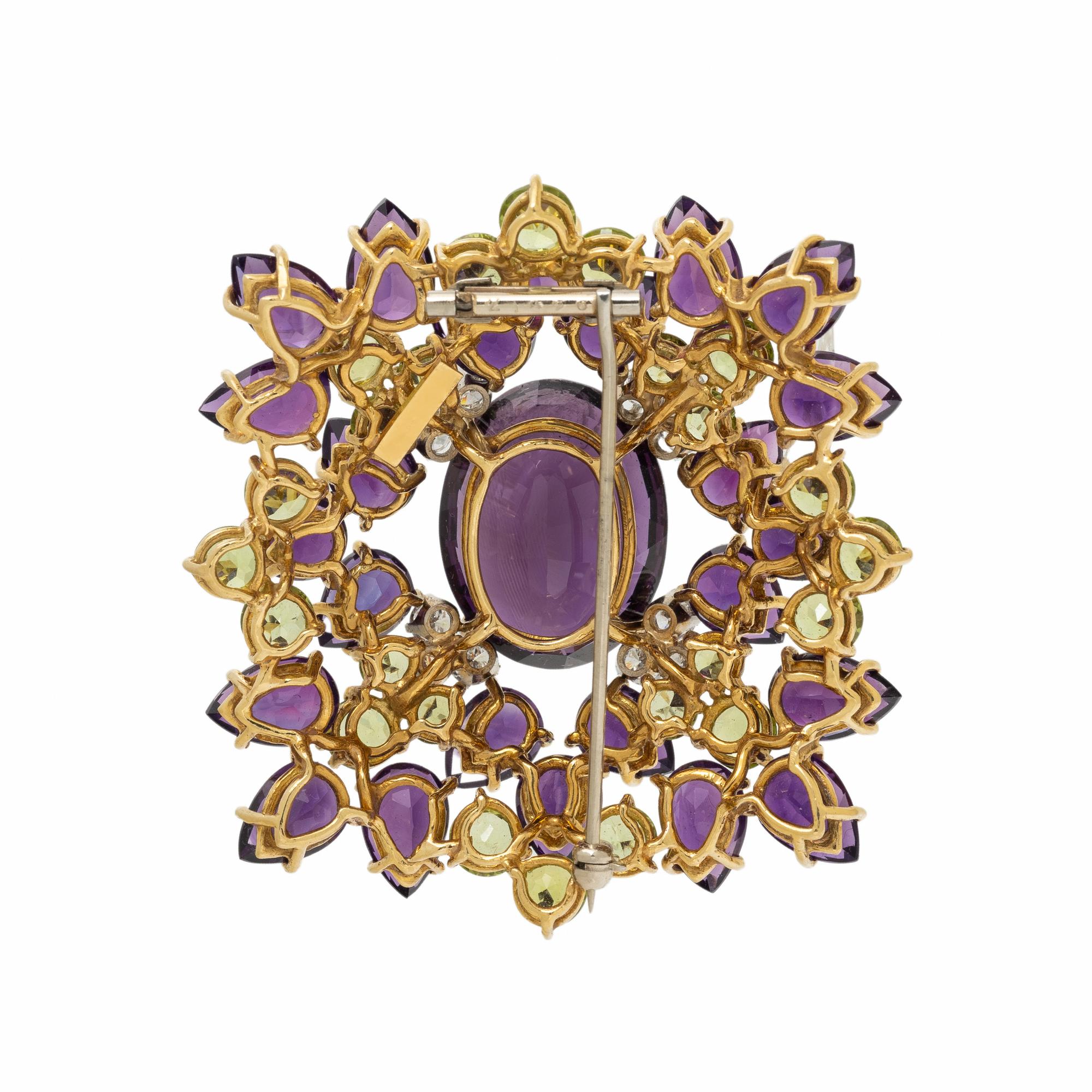 AMETHYST, PERIDOT AND DIAMOND BROOCH