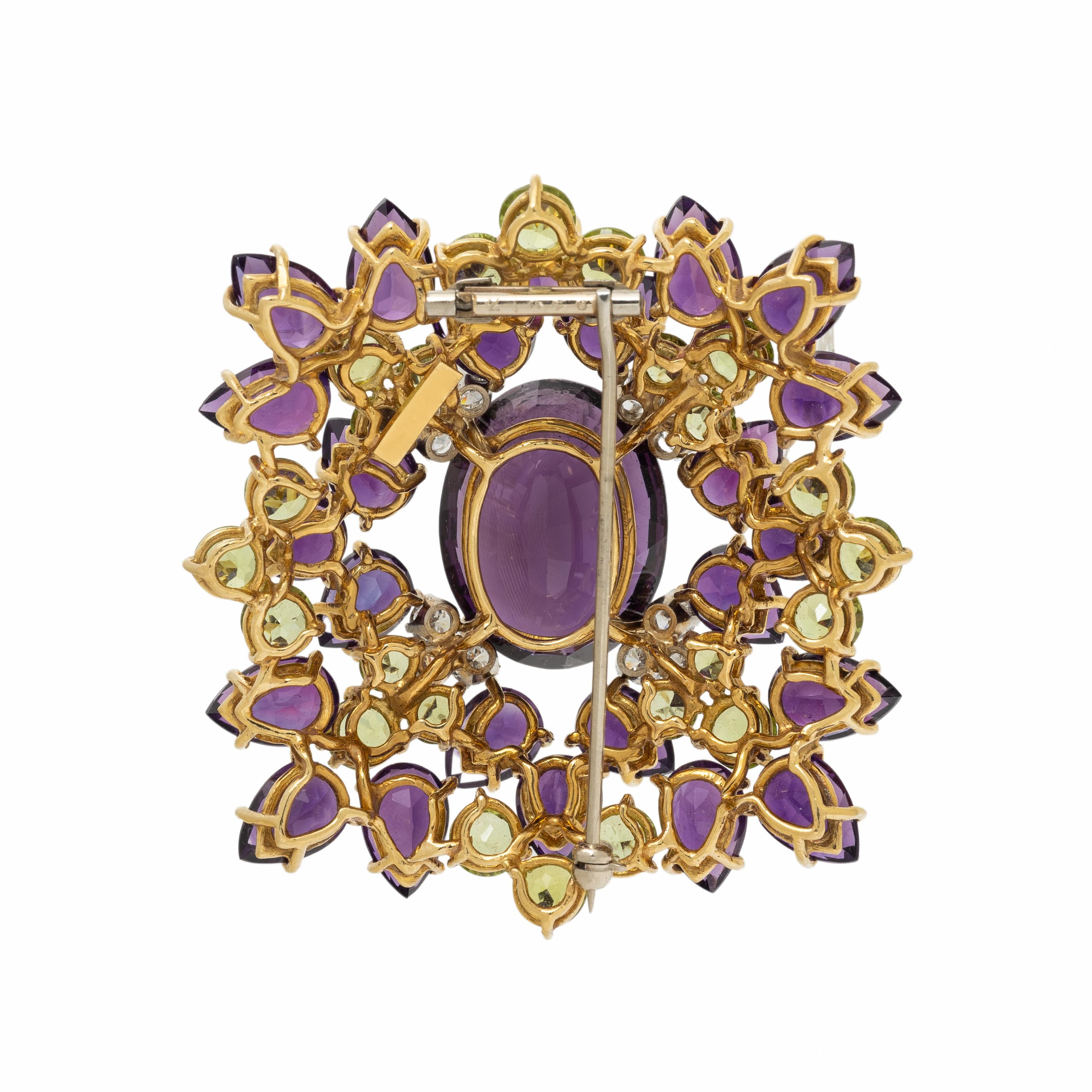 AMETHYST, PERIDOT AND DIAMOND BROOCH