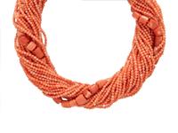 CORAL, YELLOW GOLD, AND DIAMOND TORSADE NECKLACE