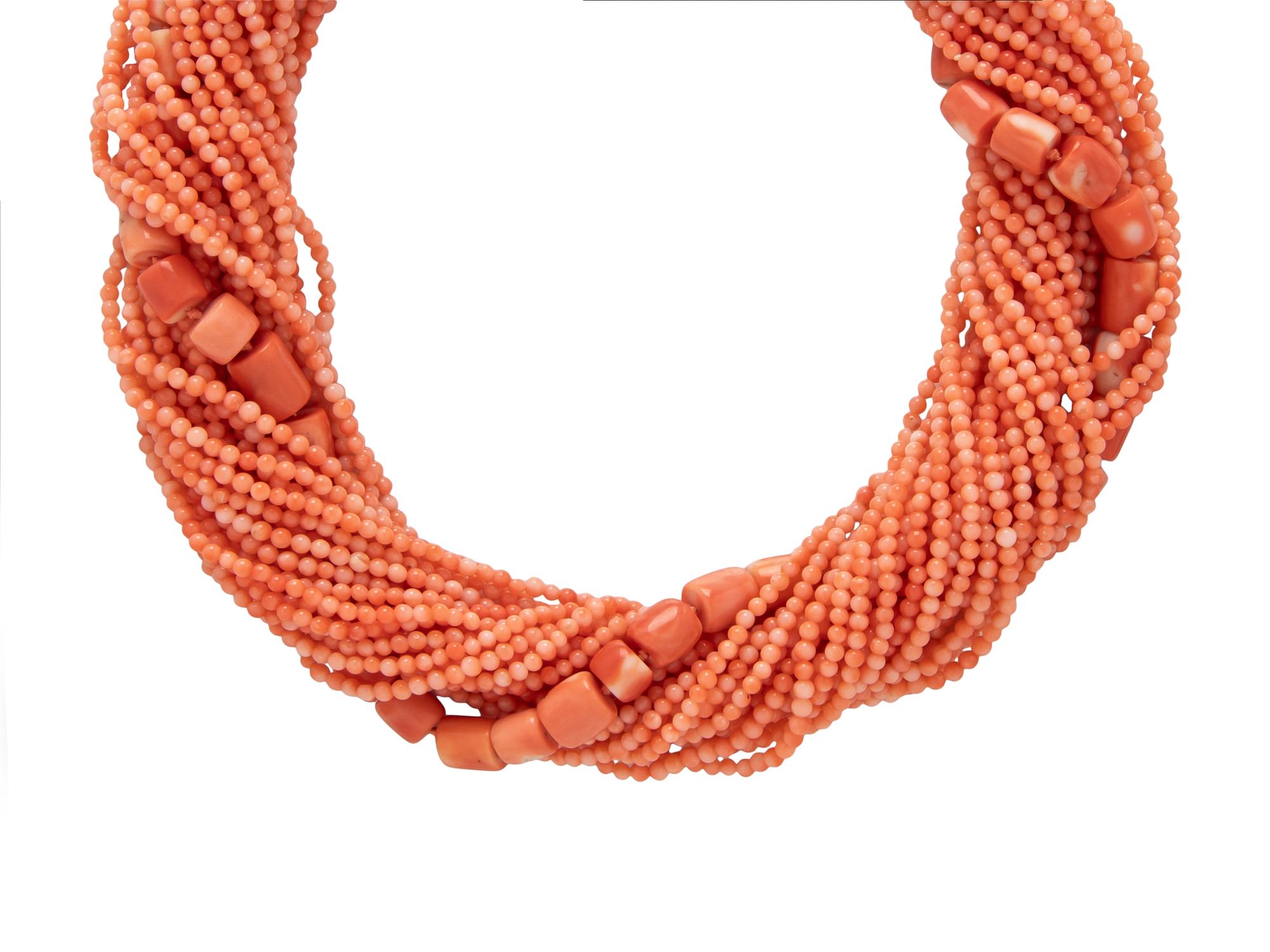CORAL, YELLOW GOLD, AND DIAMOND TORSADE NECKLACE