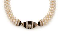 CULTURED PEARL, DIAMOND AND ENAMEL CHOKER NECKLACE