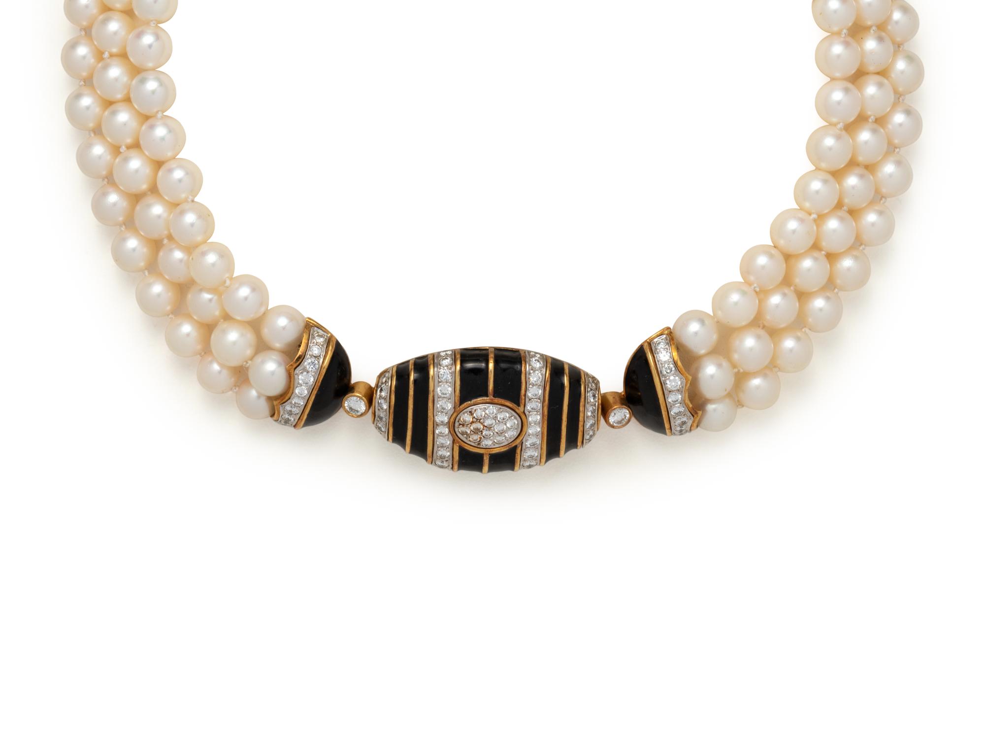 CULTURED PEARL, DIAMOND AND ENAMEL CHOKER NECKLACE