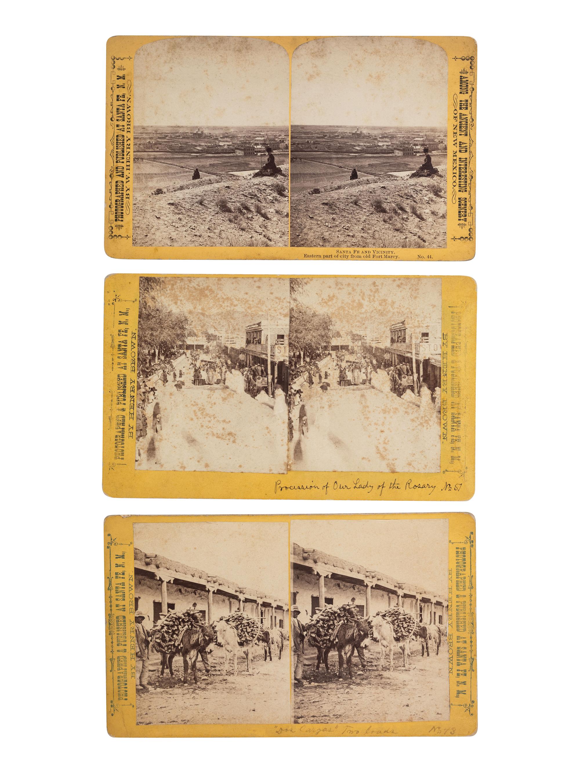 [NEW MEXICO]. BROWN, W. Henry, photographer. A group of 3 stereoviews of Santa Fe, incl. Santa Fe And Vicinity. Eastern part of city from old Fort Marcy . Santa Fe, NM.