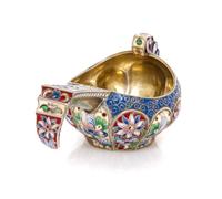A Russian Enameled Silver Kovsh, Mark of Gabriel & Michael Grachev, Moscow, late 19th/early 20th century, having a lobed body and decor