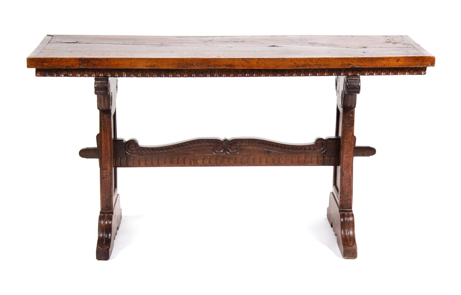 An Italian Walnut Trestle Table Height 58 x width 22 x depth 30 inches.