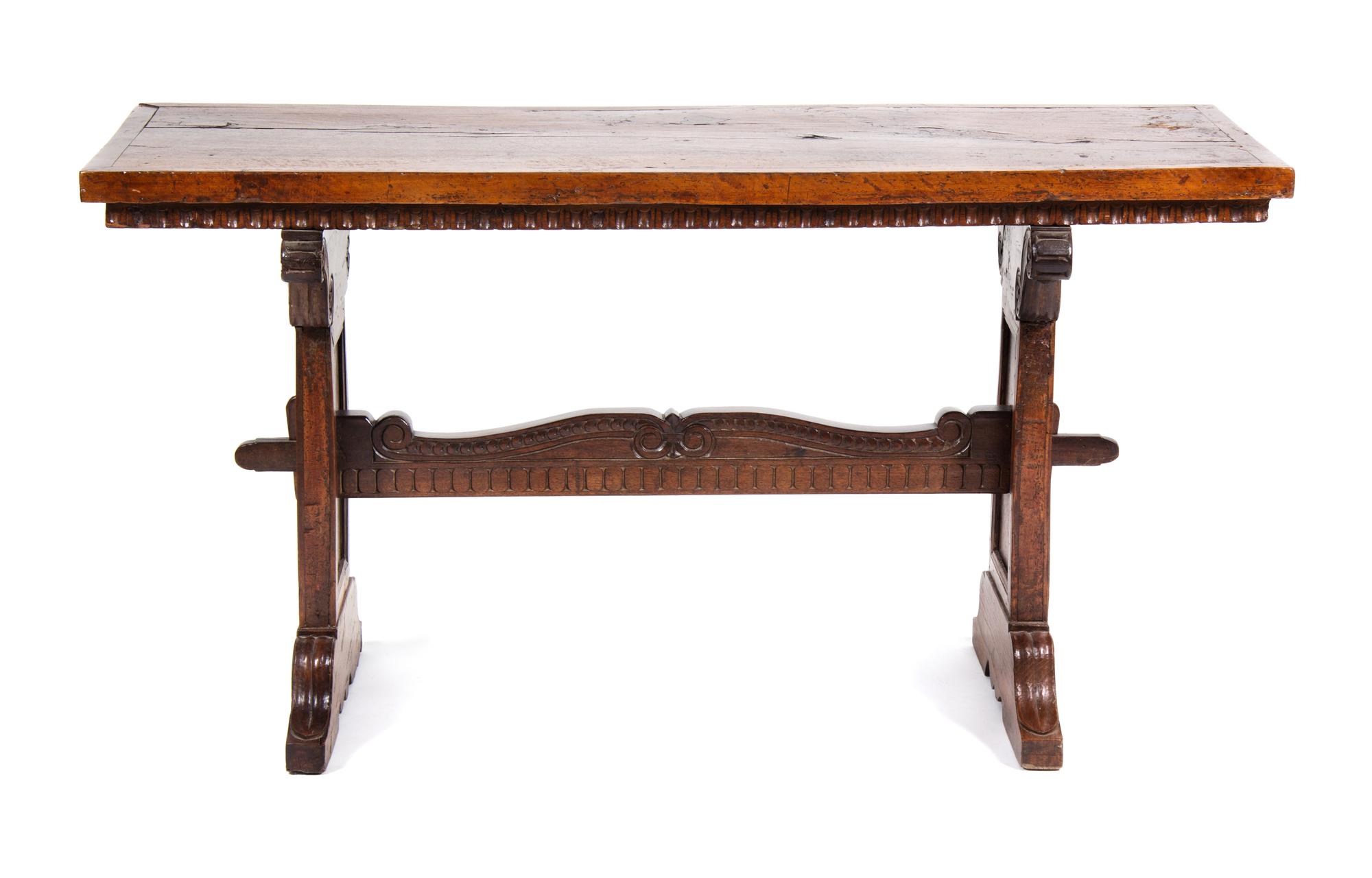 An Italian Walnut Trestle Table Height 58 x width 22 x depth 30 inches.