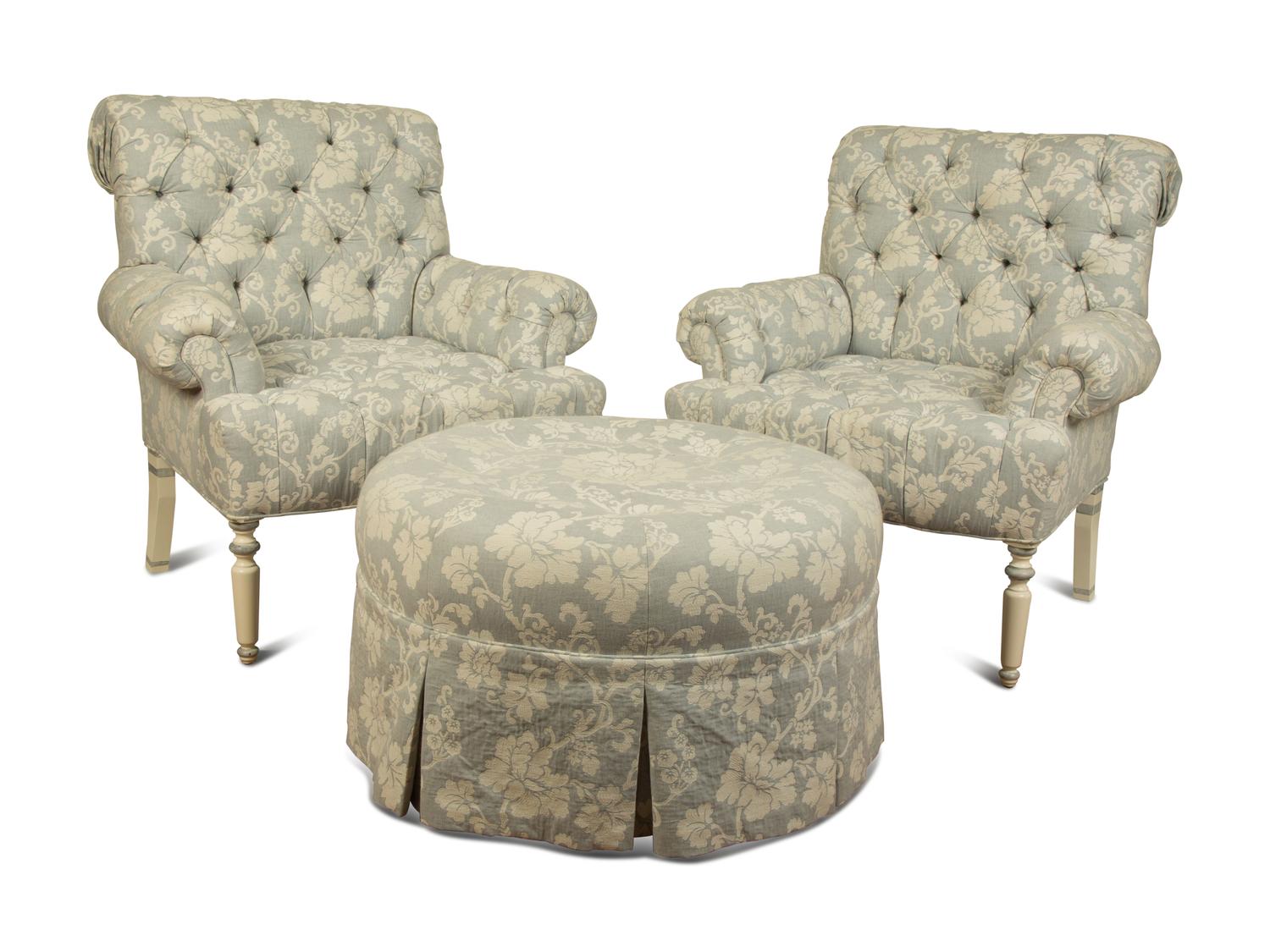A Pair of Button Tufted White Painted Open Armchairs with Blue and White Upholstery and Matching Ottoman — 20TH/21ST CENTURY