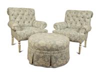 A Pair of Button Tufted White Painted Open Armchairs with Blue and White Upholstery and Matching Ottoman — 20TH/21ST CENTURY