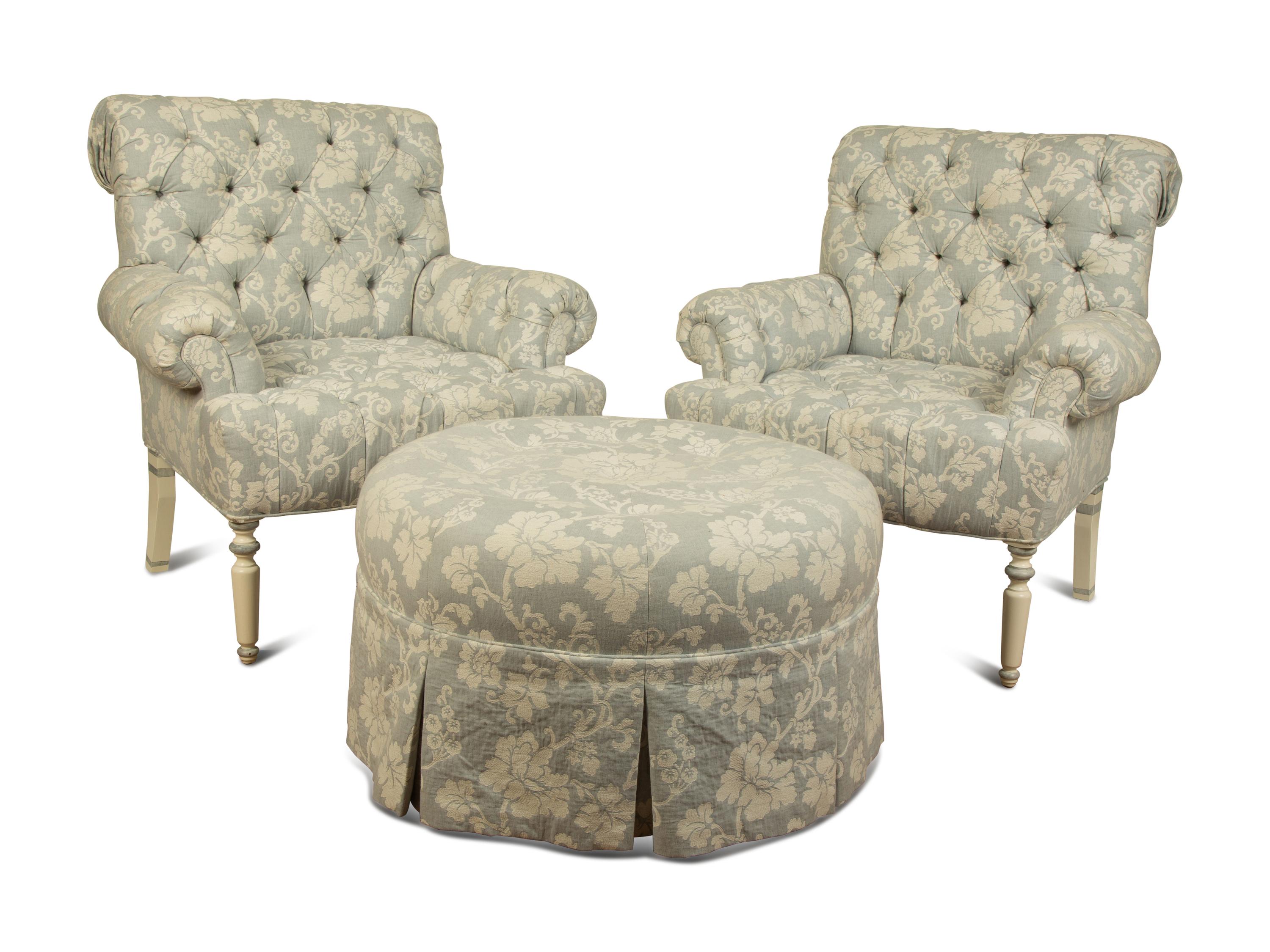 A Pair of Button Tufted White Painted Open Armchairs with Blue and White Upholstery and Matching Ottoman — 20TH/21ST CENTURY