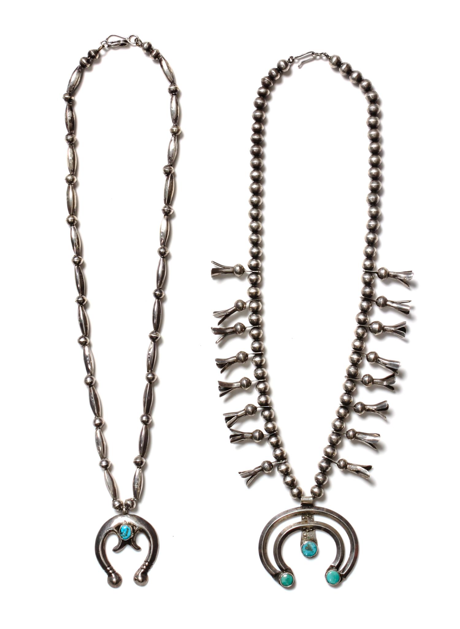 Two Southwestern Silver and Turquoise Necklaces Length of the first 18 inches; naja 1 1/2 x 2 inches.