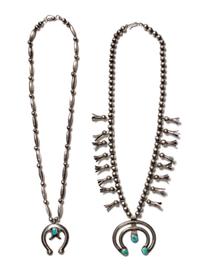 Two Southwestern Silver and Turquoise Necklaces Length of the first 18 inches; naja 1 1/2 x 2 inches.