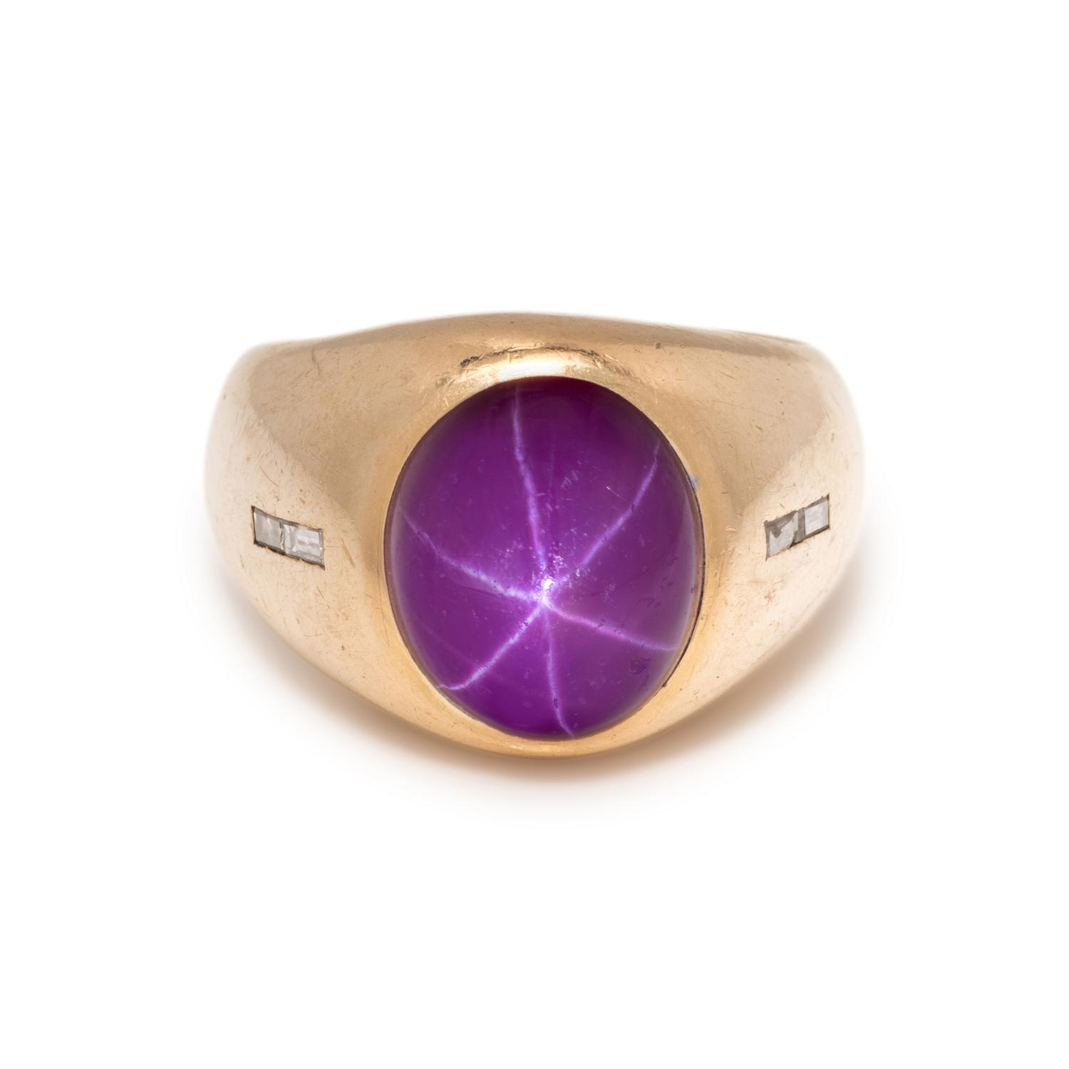 SYNTHETIC STAR RUBY AND DIAMOND RING