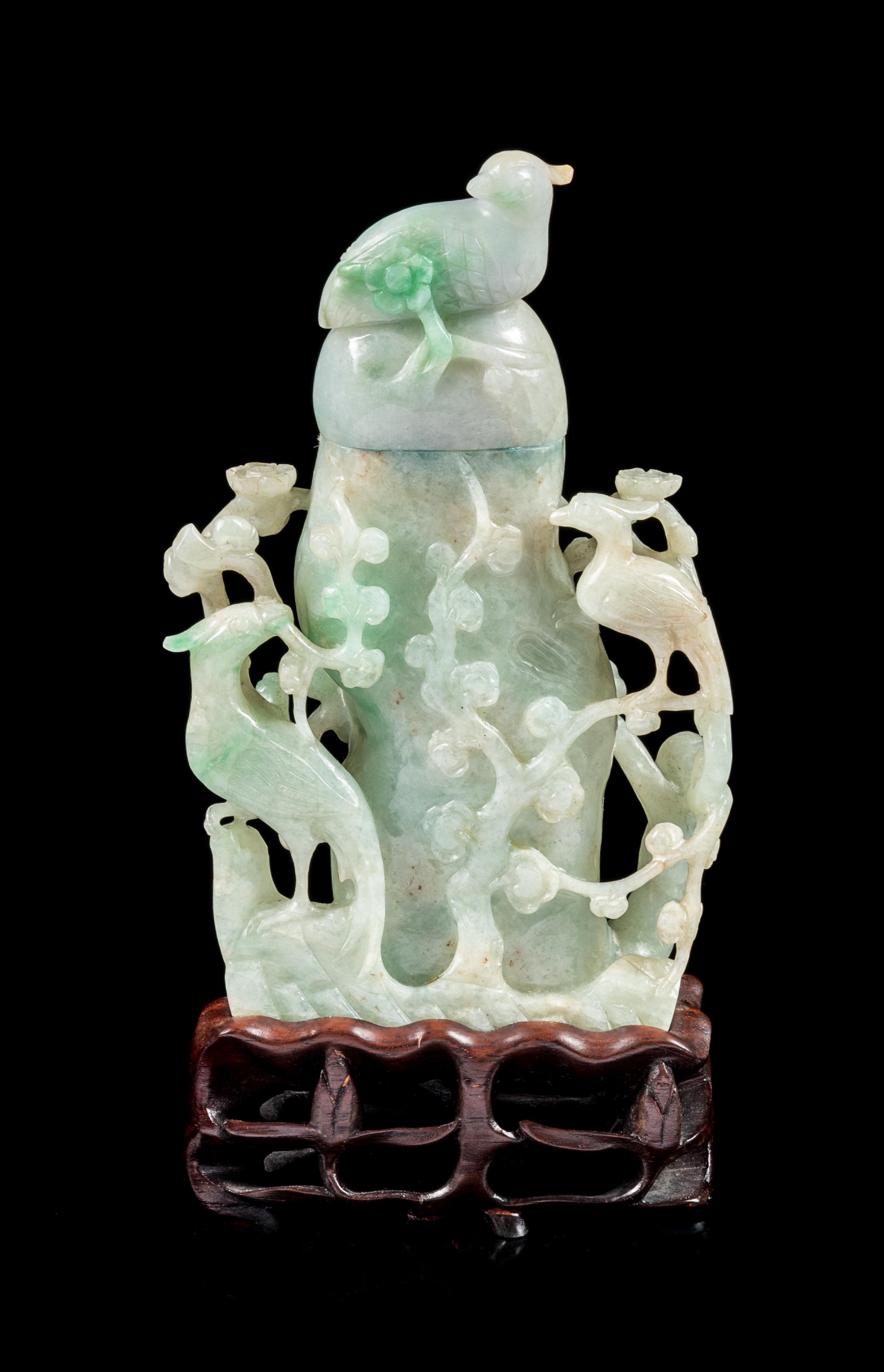 An Apple Green and Celadon Jadeite Covered Vase Height 9 3/8 inches. — 20TH CENTURY